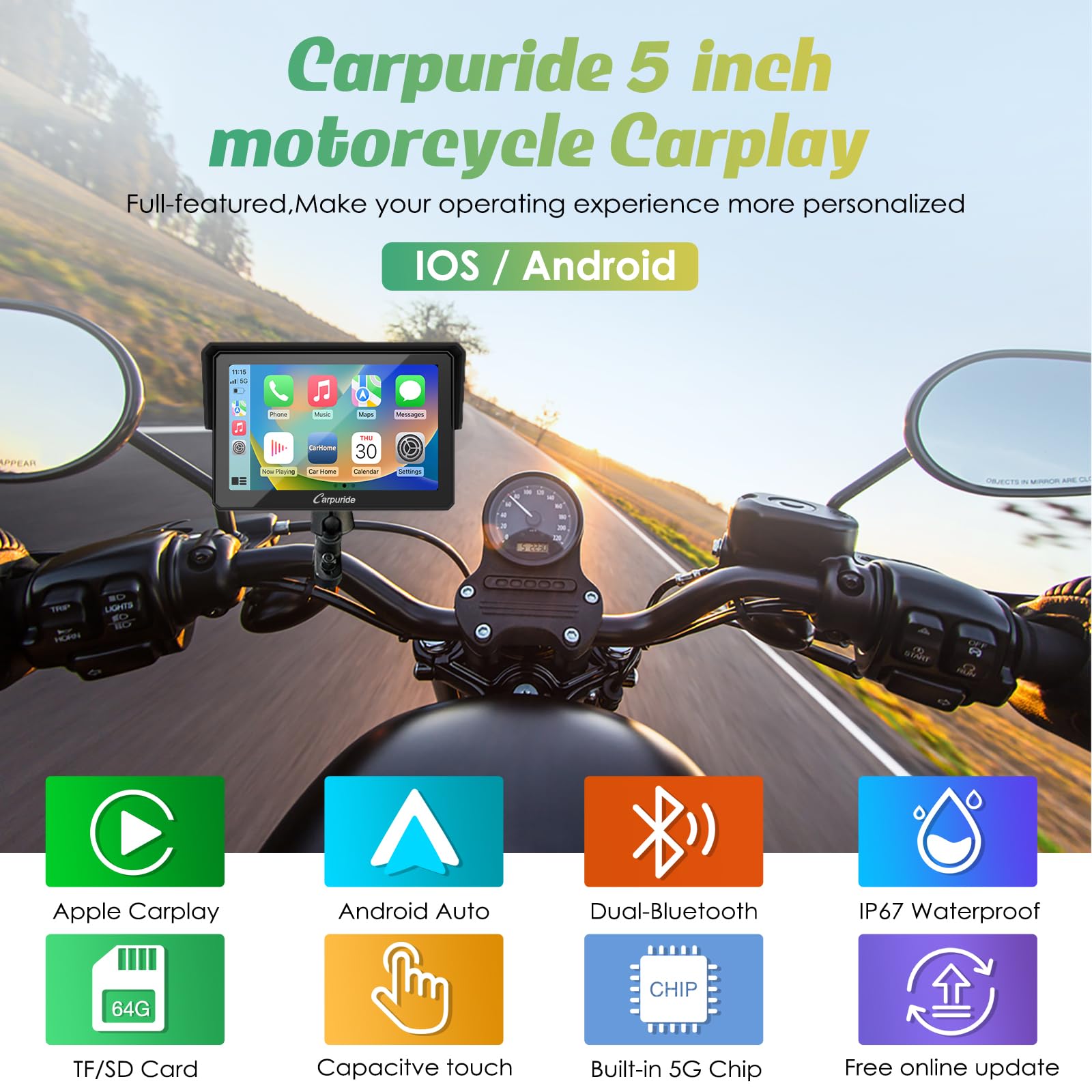 Carpuride W502 Motorcycle Gps Wireless Portable Carplay/Android Auto Waterproof Car Stereo, 5' Ips Touch Screen With Dual Bluetooth, Navigation/Siri/G00Gle Assistant For Motorbike