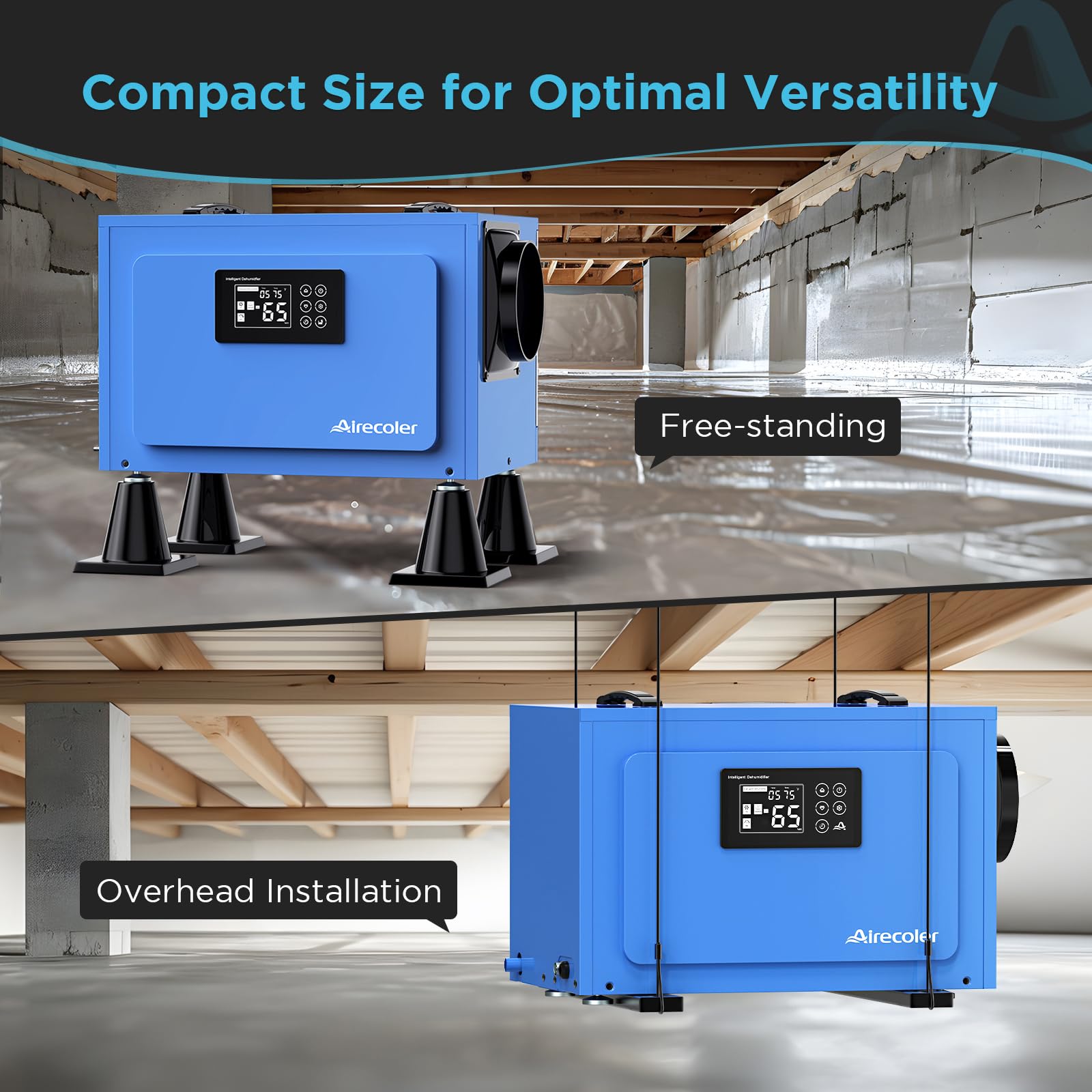 Airecoler 125 Pints Commercial Dehumidifier For Crawl Spaces & Basements With Drain Hose, Industrial Grade Water Damage Restorat