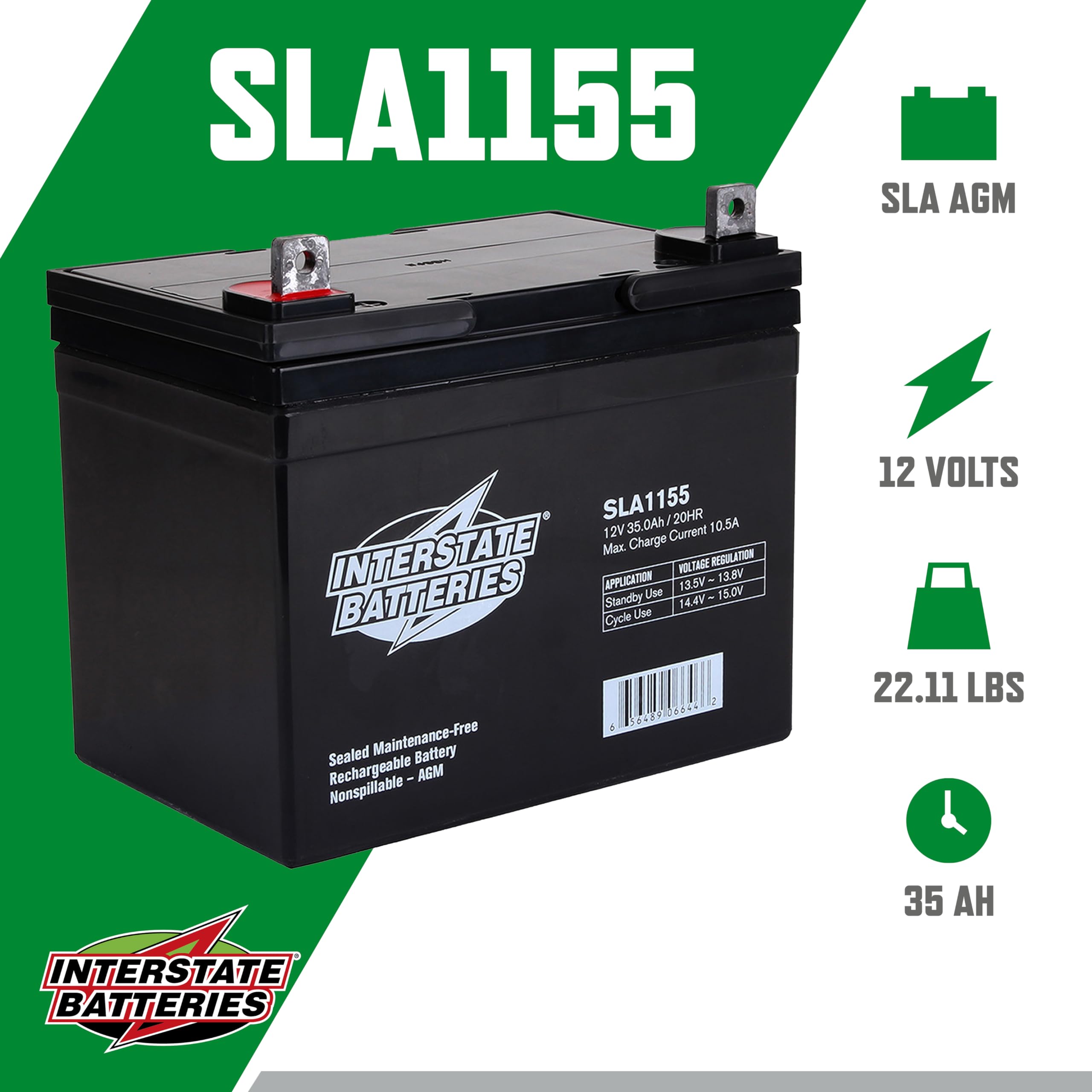 Interstate Batteries 12V 35Ah Battery (Flag Terminal) Sla Agm Vrla Rechargeable Replacement For Ups Backup Power, Emergency Ligh