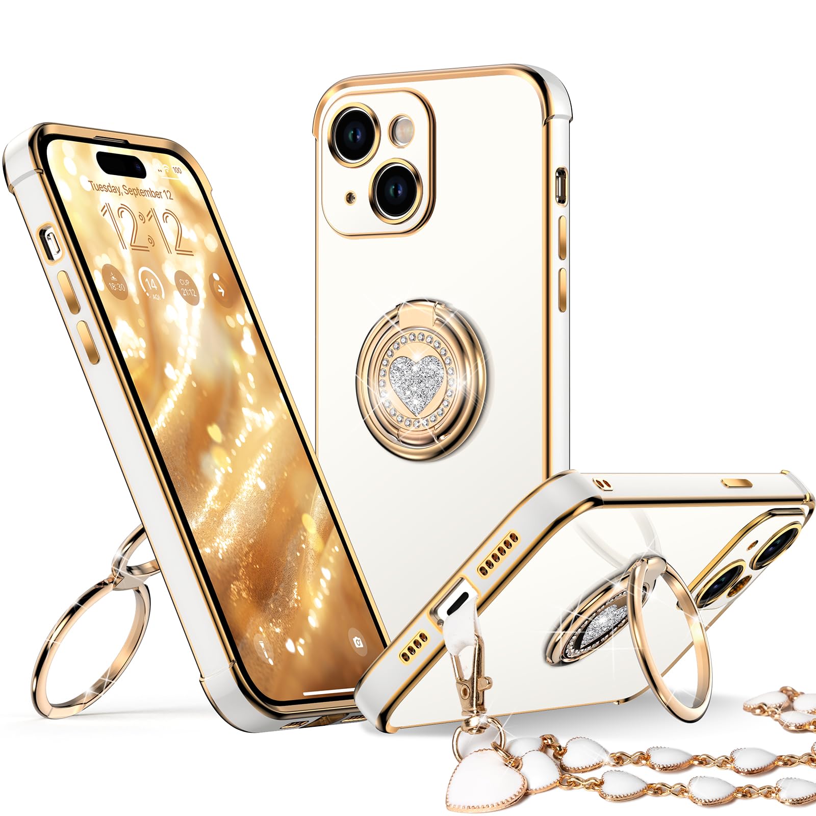 Xyz For Iphone 15 Plus Case With Stand, Phone Case With Double Ring Kickstand, Women Girls Bling Luxury Protective Case Heart Fo