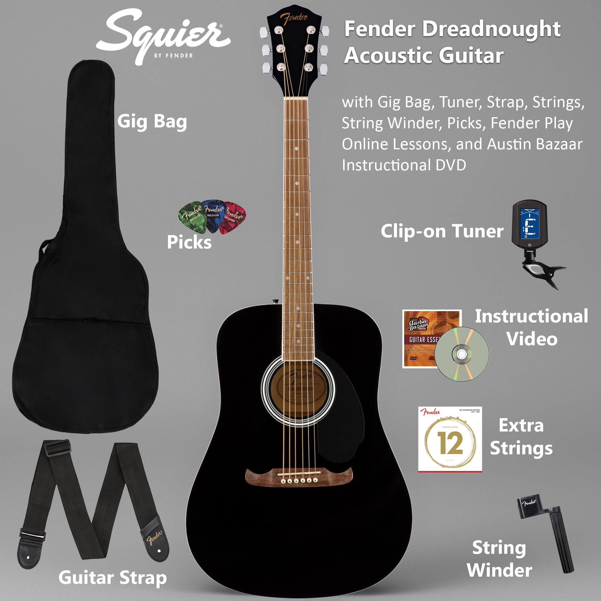 Fender Dreadnought Acoustic Guitar - Black Bundle With Gig Bag, Tuner, Strap, Strings, String Winder, Picks, Fender Play Online