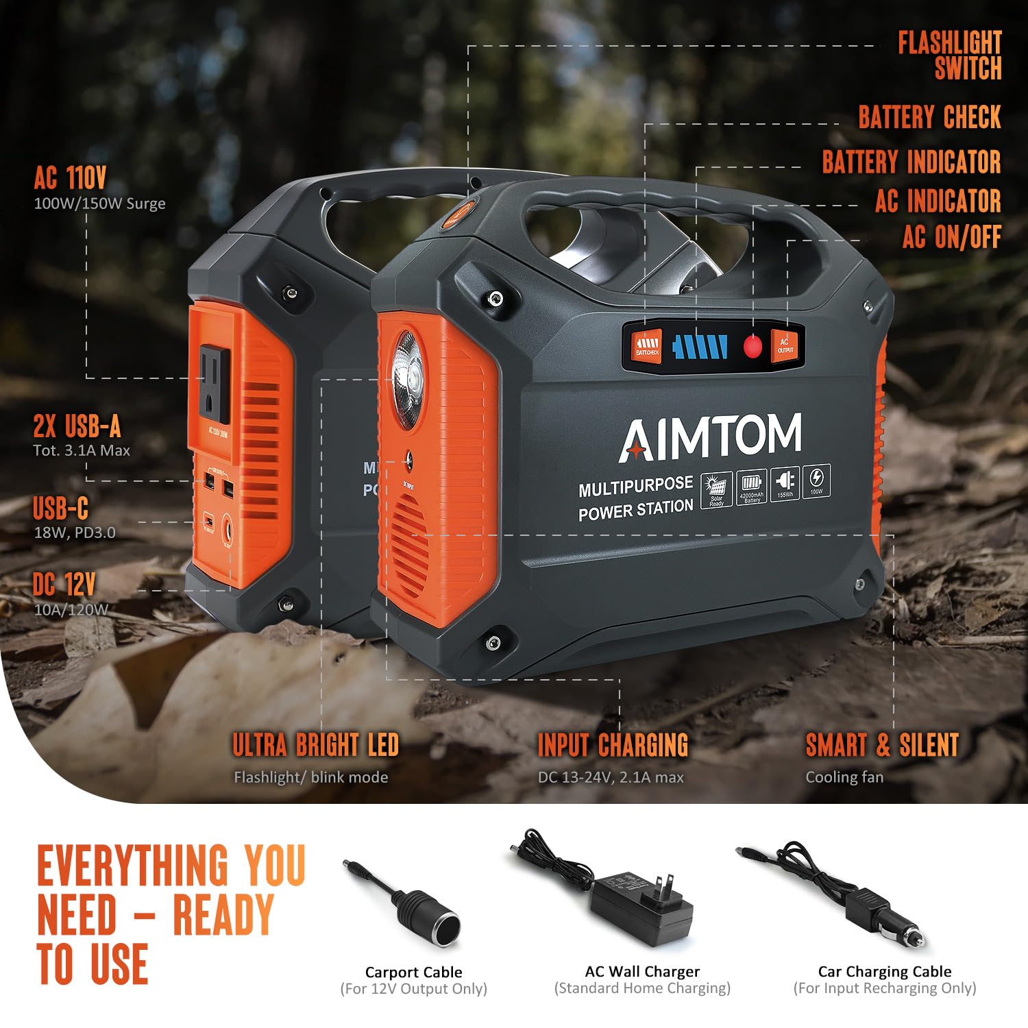 Aimtom 155Wh Portable Power Station With 30W Solar Panel - 150W Peak/110V Ac, 18W Usb-C, 2X Usb-A & 12V Dc - Solar Generator For