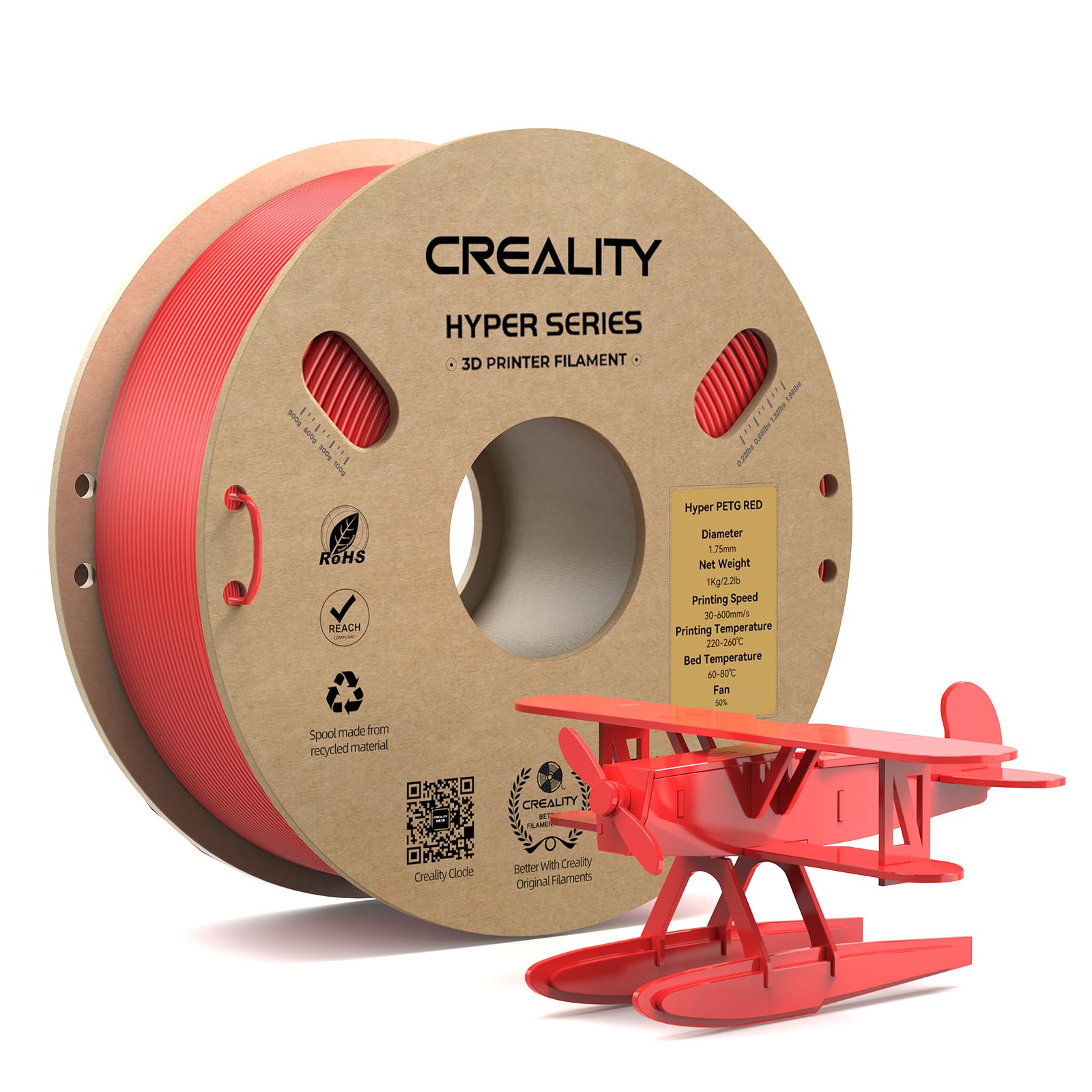 CREALITY Hyper PETG Filament 1.75mm 3D Printer Filament, Up to 600mm/s High Speed Rapid PETG, 1kg (2.2lb) Neatly Wound Cardboard