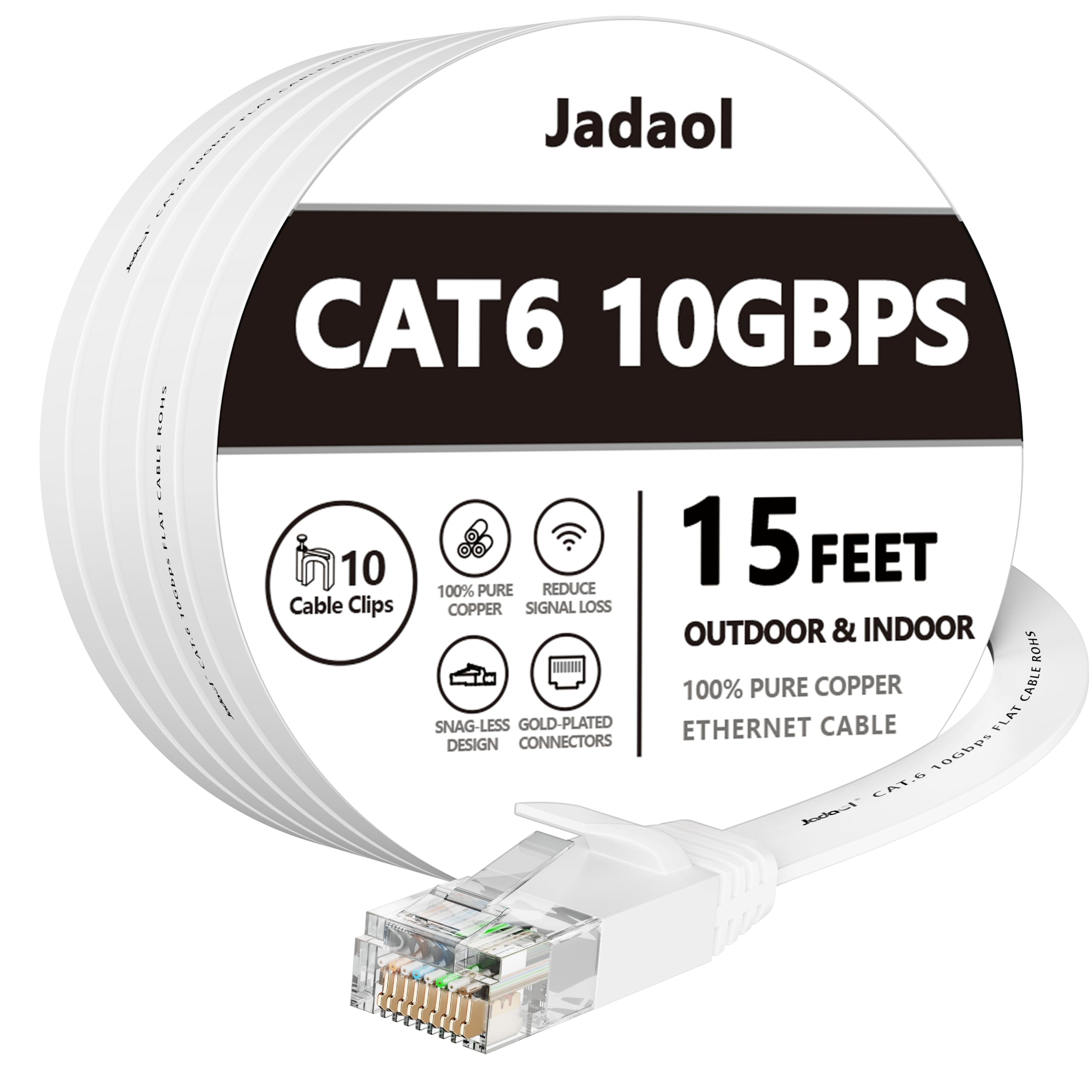 Cat 6 Ethernet Cable 15 ft, Outdoor&Indoor 10Gbps Support Cat7 Network, Flat Internet RJ45 LAN Patch Cords, Solid Cat6 High Spee