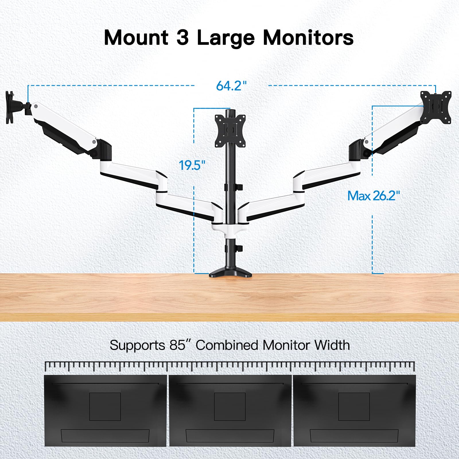 Huanuo Triple Monitor Stand   Full Motion Articulating Gas Spring Monitor Mount Fit Three 17 To 32 Inch Lcd Computer Screens With Clamp, Grommet Kit