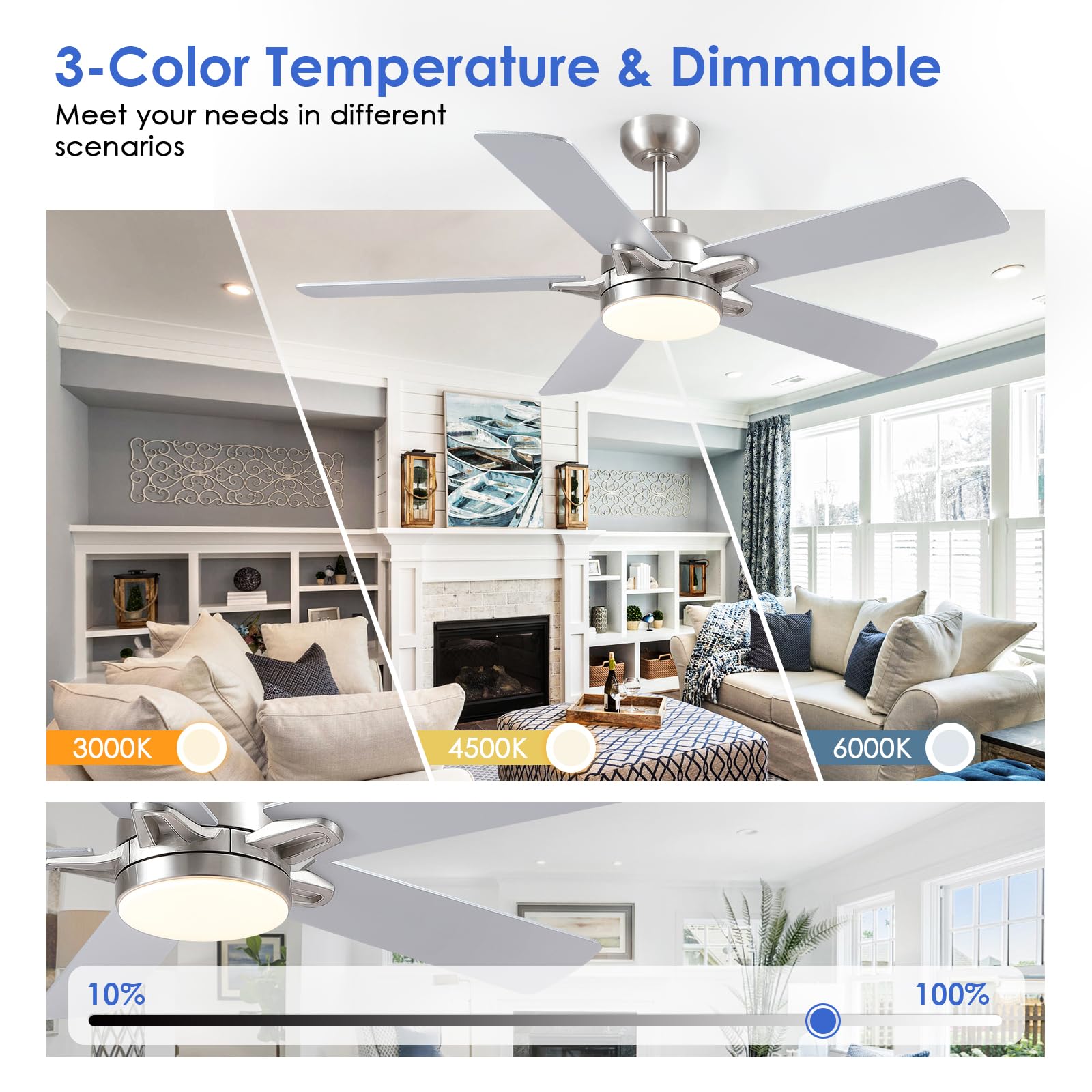 Chesur 52'' Ceiling Fan With Lights And Remote   Low Profile Ceiling Fans With 5 Dual Sided Blades And Reversible Motor, Indoor/