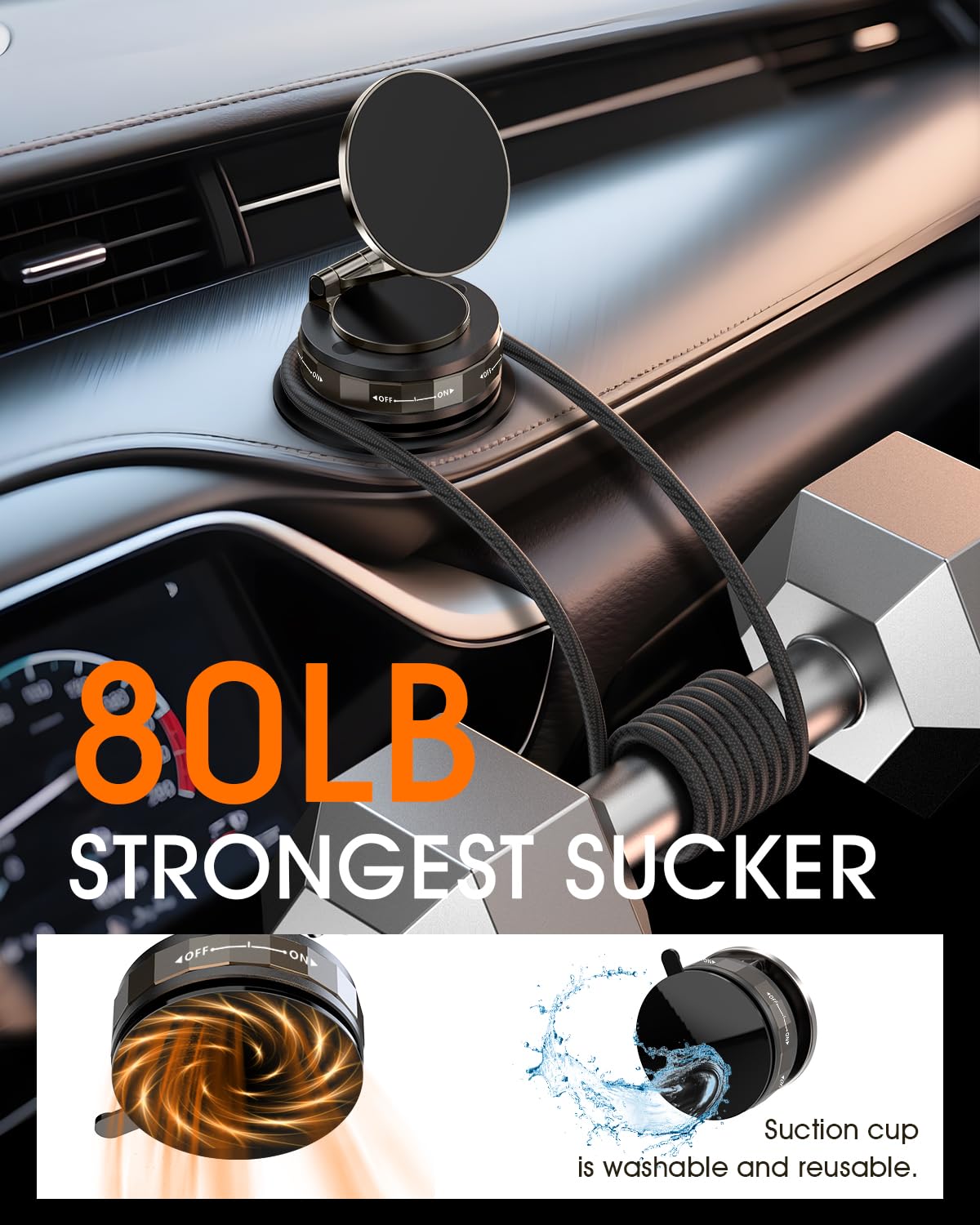 Yoozon For Magsafe Car Mount, Vacuum Strong Suction 2400Gf Magnetic Phone Holder, 360 Rotation Foldable Stand For All Smartphone