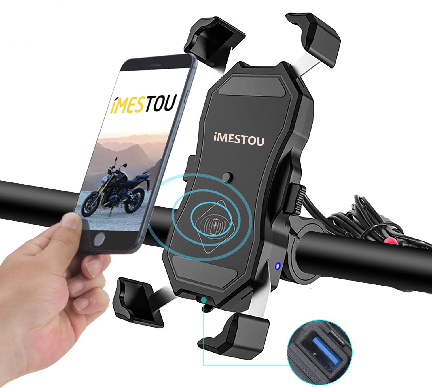 Imestou Motorcycle Phone Holder Wireless Charger And Usb 3.0 Quick Charge Phone Mount 2 In 1 Fits For 22 32Mm Handlebar Or Rear View Mirror, Suitable For 3.5' 6.8' Phones, Works With 12 24V Vehicles