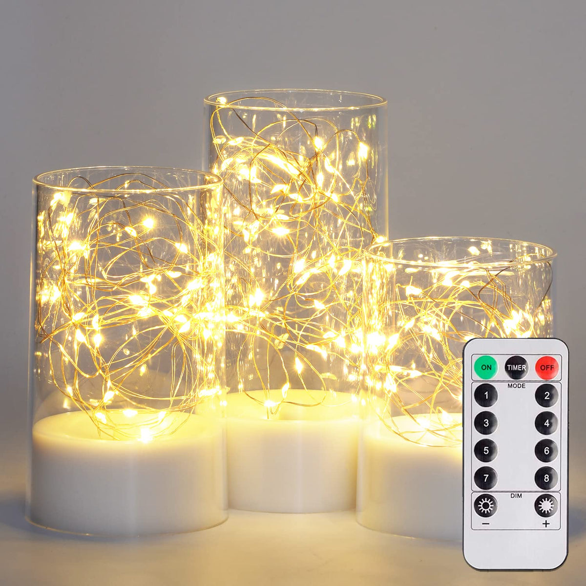 Homemory White Clear Glass Flameless Candles With Remote, Embedded Twinkle String Lights In Acylinder Battery Pillar Candles, Un
