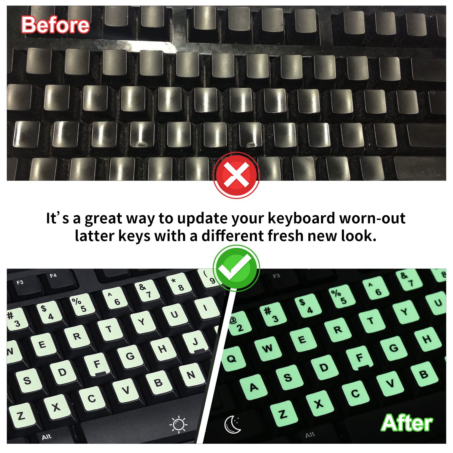 2Pcs Pack Universal English Keyboard Stickers Glow In The Dark, Keyboard Letters Stickers For Computer Laptop Notebook Desktop (