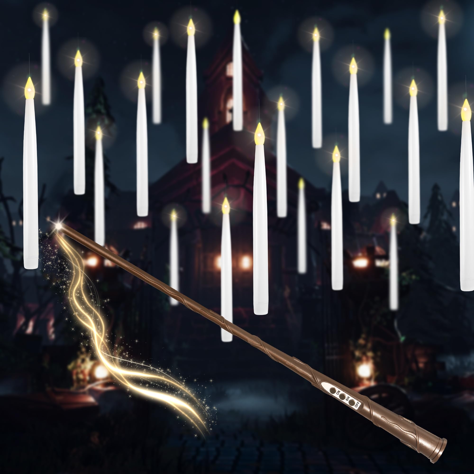 Lusharbor Floating Candles With Wand, 10 Pack Halloween Flameless Candles Battery Operated Led Taper Hanging Candles Electric Ca