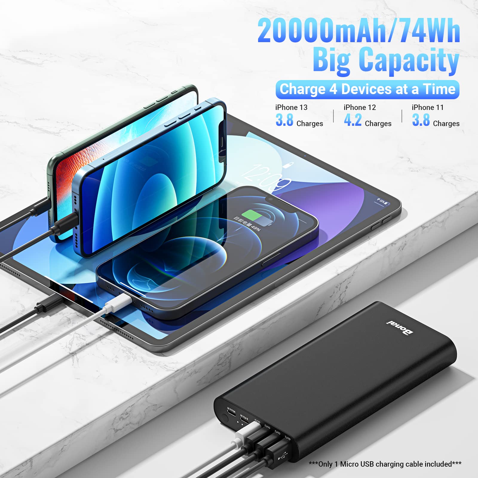 Bonai Portable Charger 20000Mah Iphone Charger Aluminum External Battery Pack Power Bank 4 Usb Outputs(2.1A), High Speed Chargin