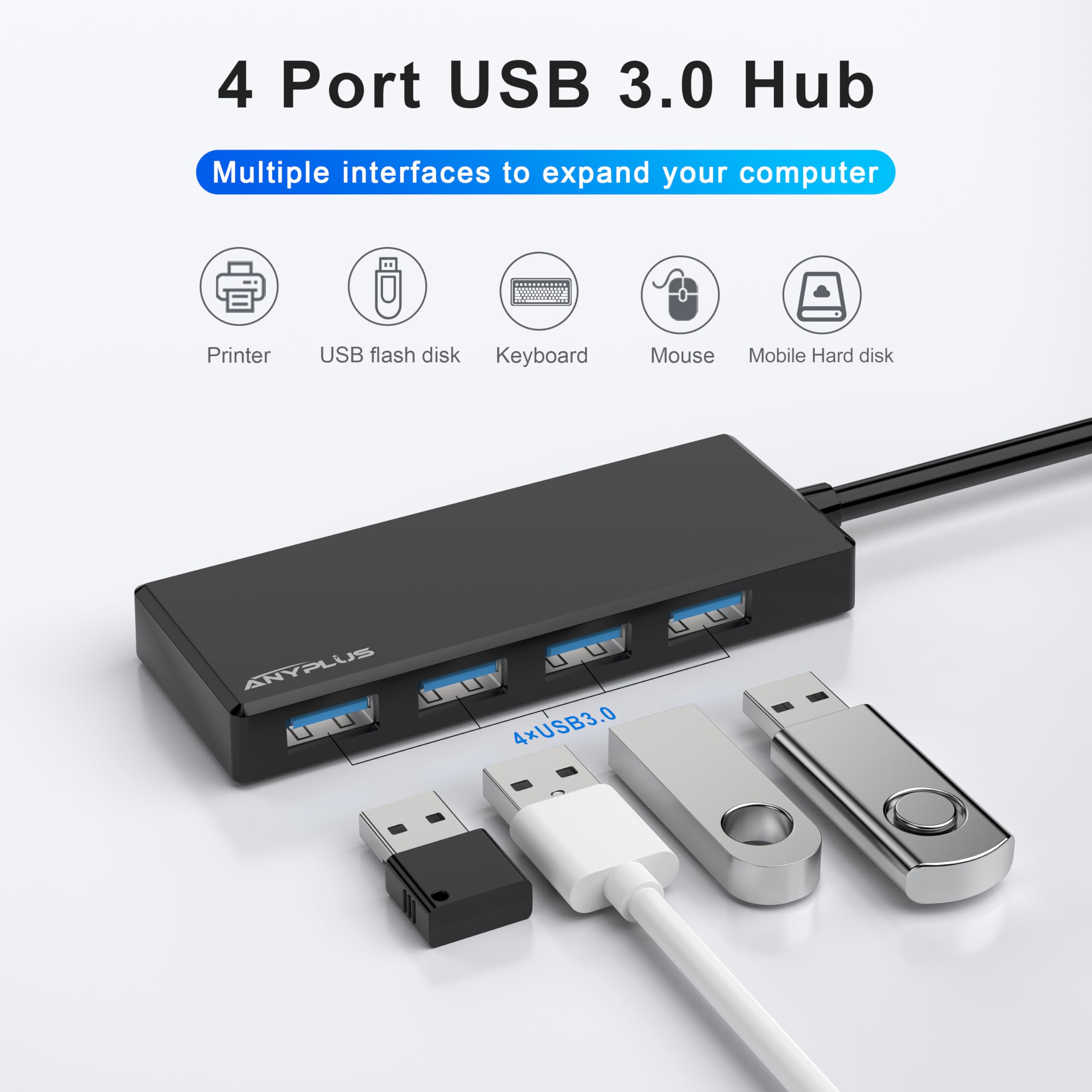 Anyplus Usb Hub, Multiport Usb Splitter Adapter, 0.8Ft Portable Slim Usb 3.0 Hub, Usb Extender For Laptop, Pc, Macbook, Imac, Su