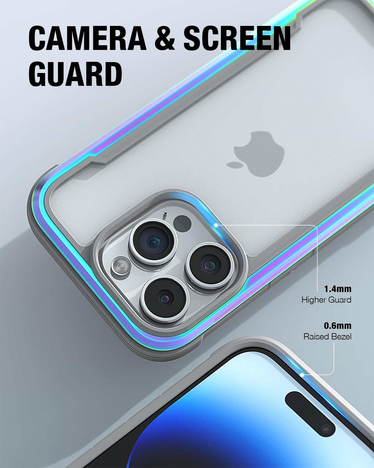 Raptic Shield For Iphone 15 Pro, Shockproof Protective Clear Case, Military Grade 10Ft Drop Tested, Durable Aluminum Frame, Anti Yellowing Technology, 6.1 Inch, Iridescent