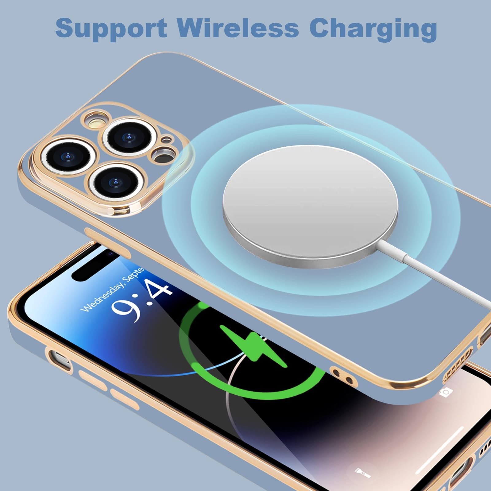 Lafunda For Iphone 14 Pro Case Cute, For Women Girls Luxury Electroplated Silicone Aesthetic Golden Edge Camera Lens Protection