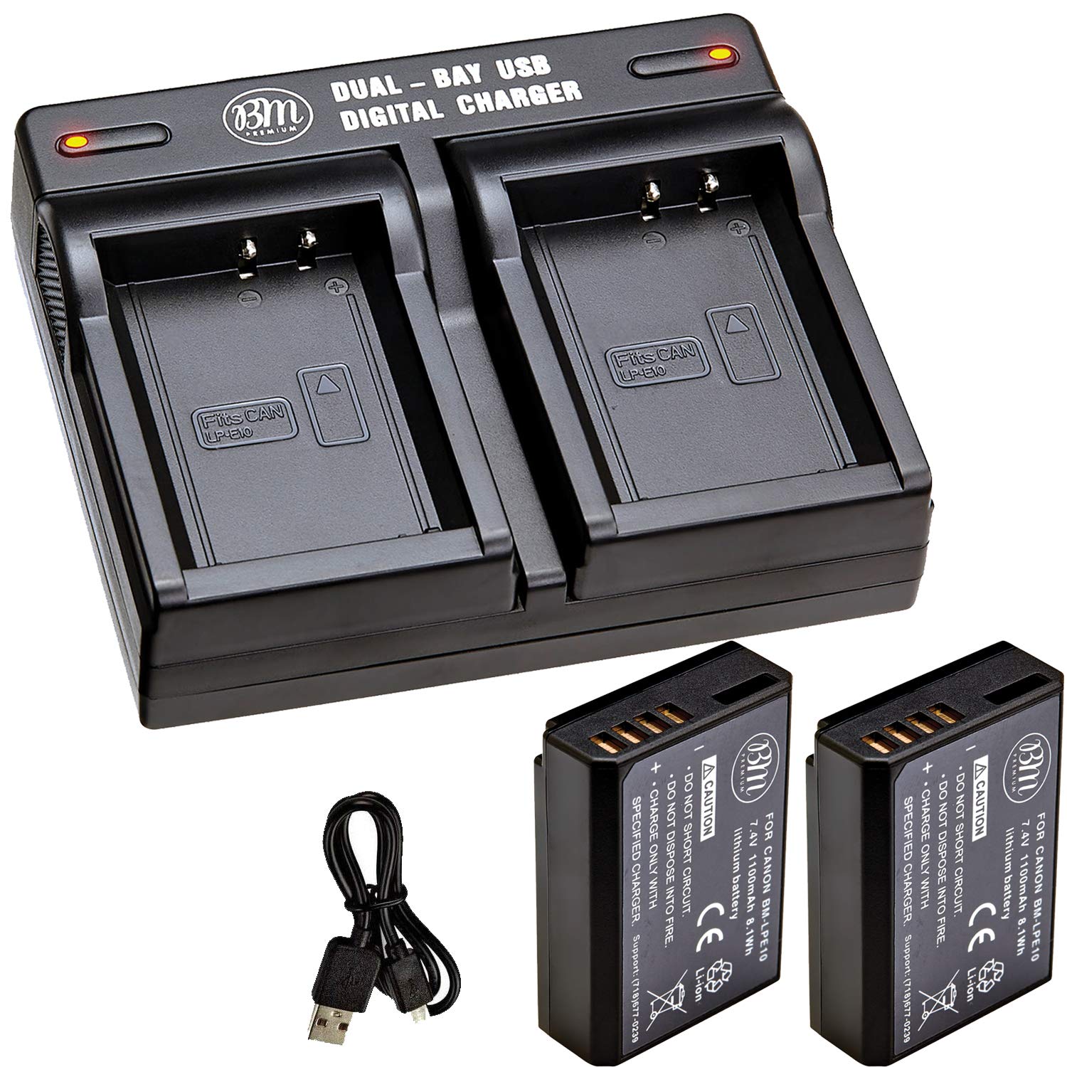 BM Premium Pack of 2 LP E10 Batteries and USB Dual Battery Charger Kit for Canon EOS Rebel T3, T5, T6, T7, T100, Kiss X50, Kiss X70, EOS 1100D, EOS 1200D, EOS 1300D, EOS 2000D, EOS 4000D Cameras