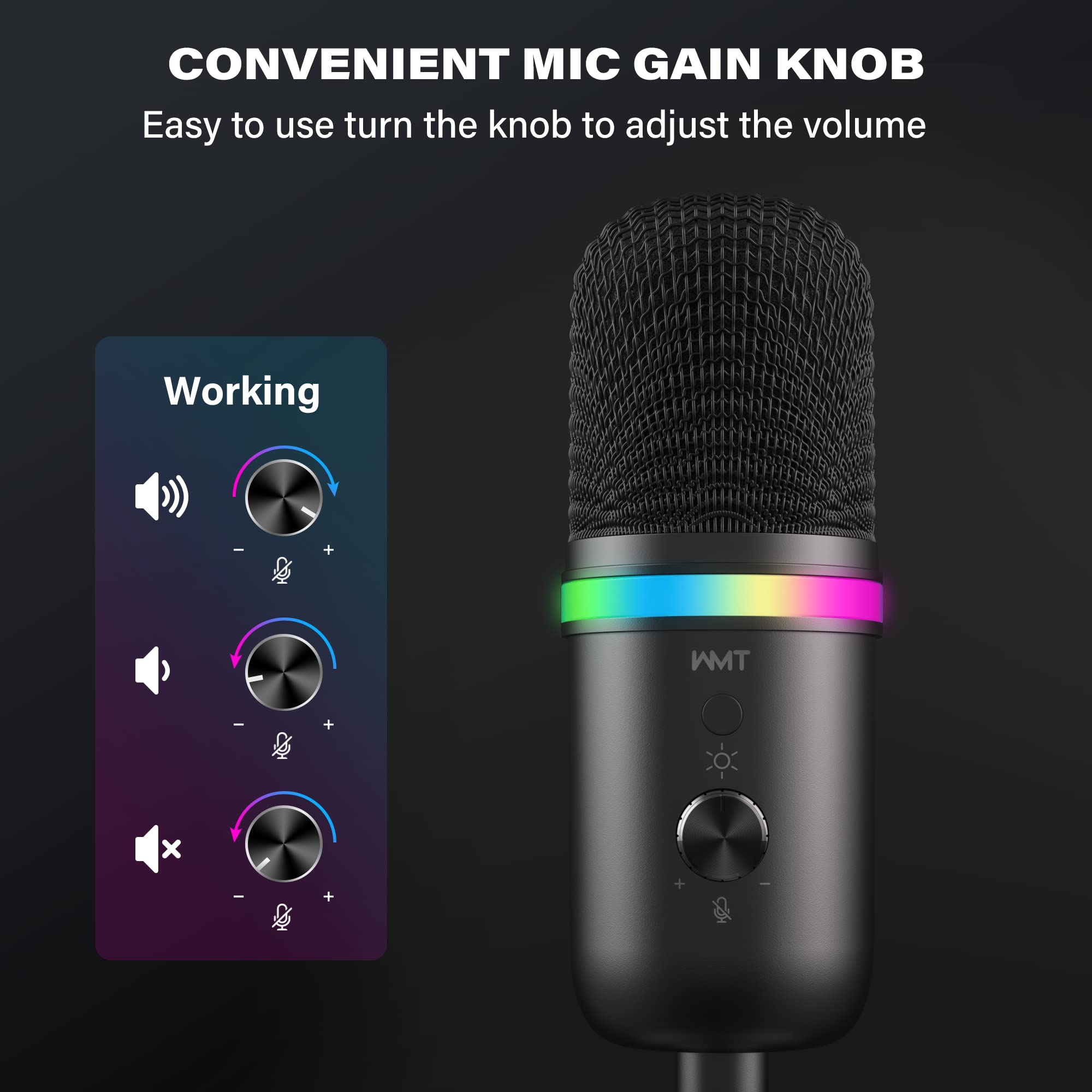 Wmt Usb Microphone   Condenser Gaming Microphone For Pc/Mac/Ps4/Ps5/Phone  Cardioid Mic With Brilliant Rgb Lighting Headphone Ou