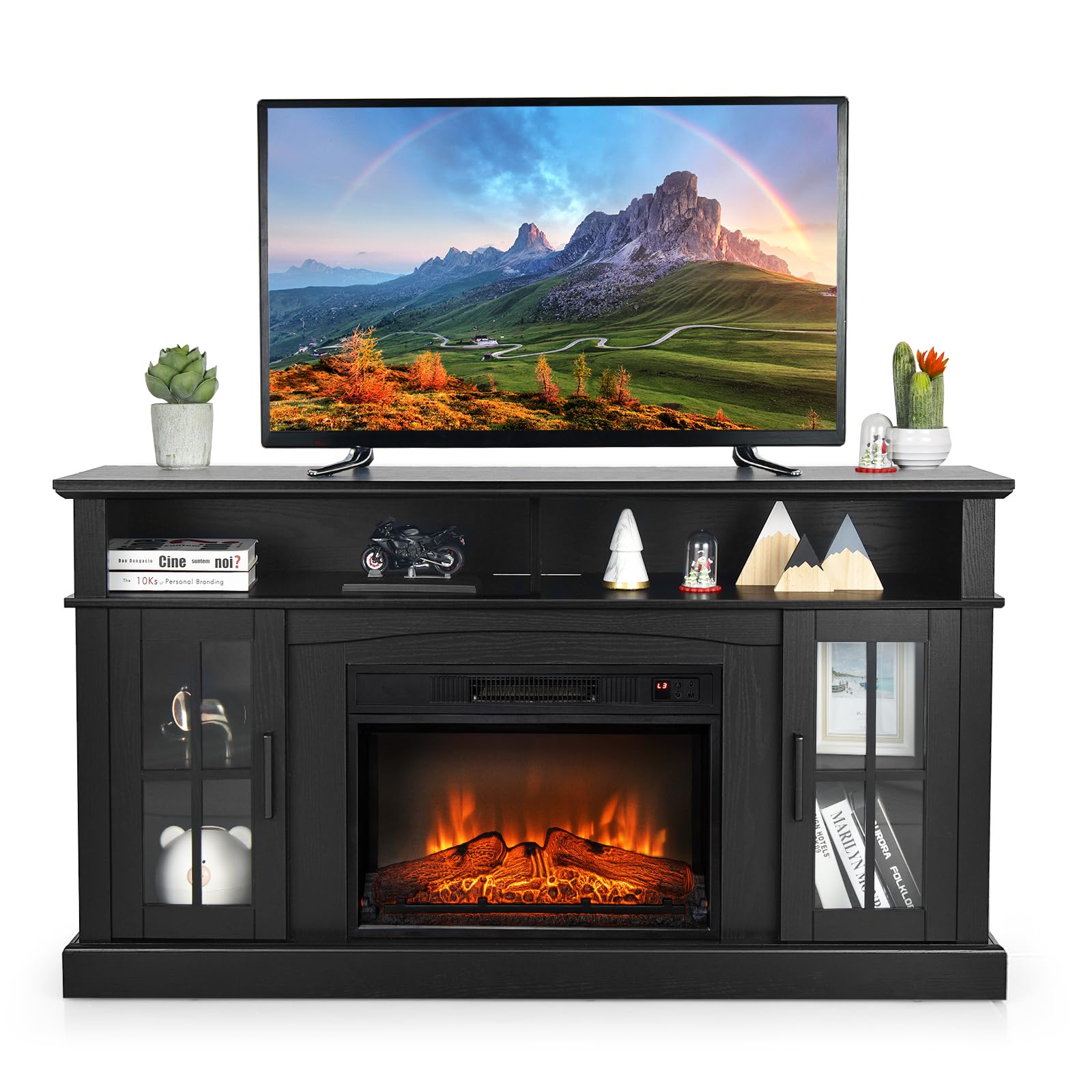 Costway Electric Fireplace Tv Stand For Tvs Up To 65 Inches, 1400W Heater Insert With Remote Control, 6H Timer, 3 Level Flame, Overheat Protection And Csa Certification, Adjustable Shelves, Black