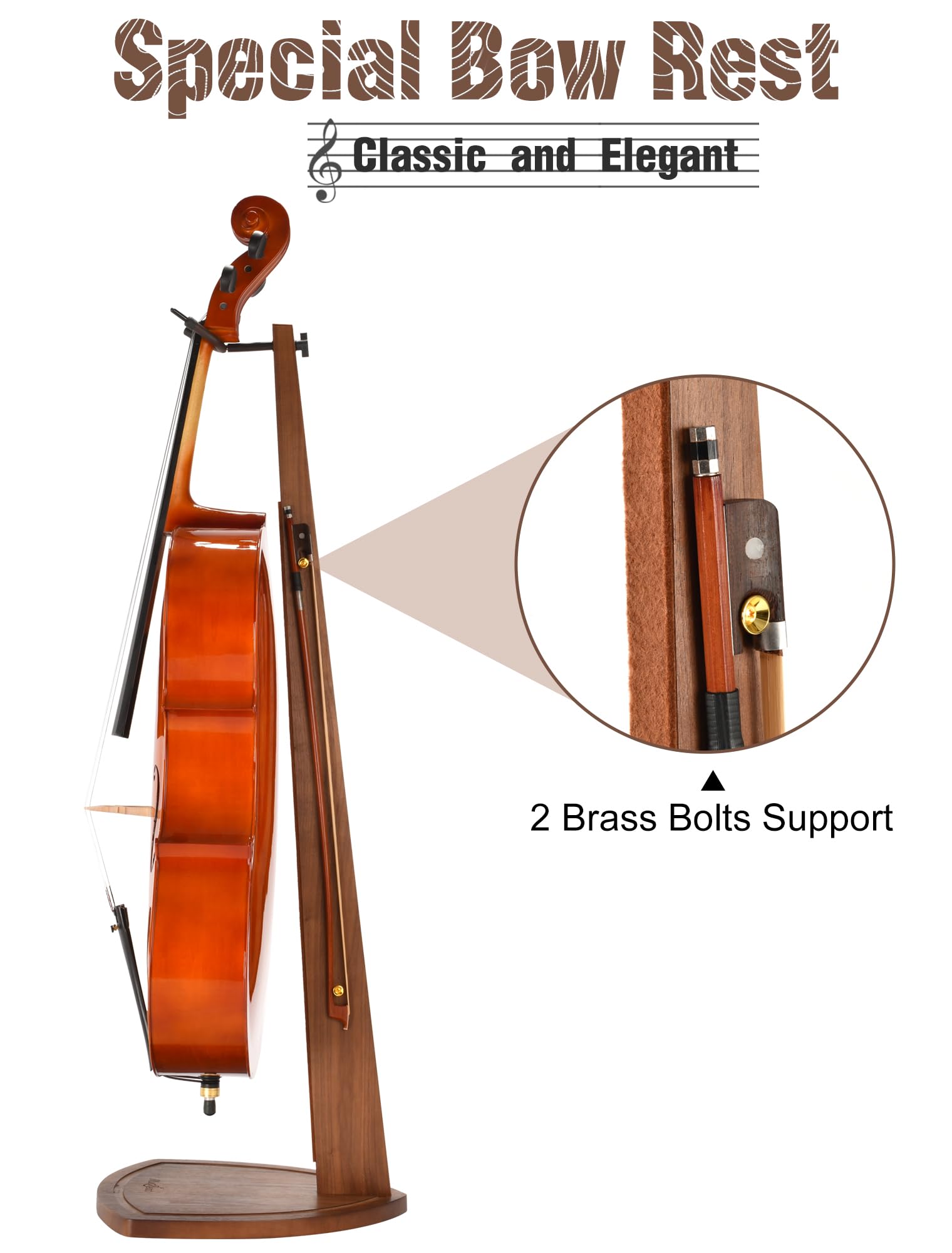 Musbeat Cello Stand With Bow Holder, Handcrafted Walnut Wood Floor Stand For 4/4 Full-Size And 1/2, 1/4, 3/4, 1/8, 7/8, Cello Ho
