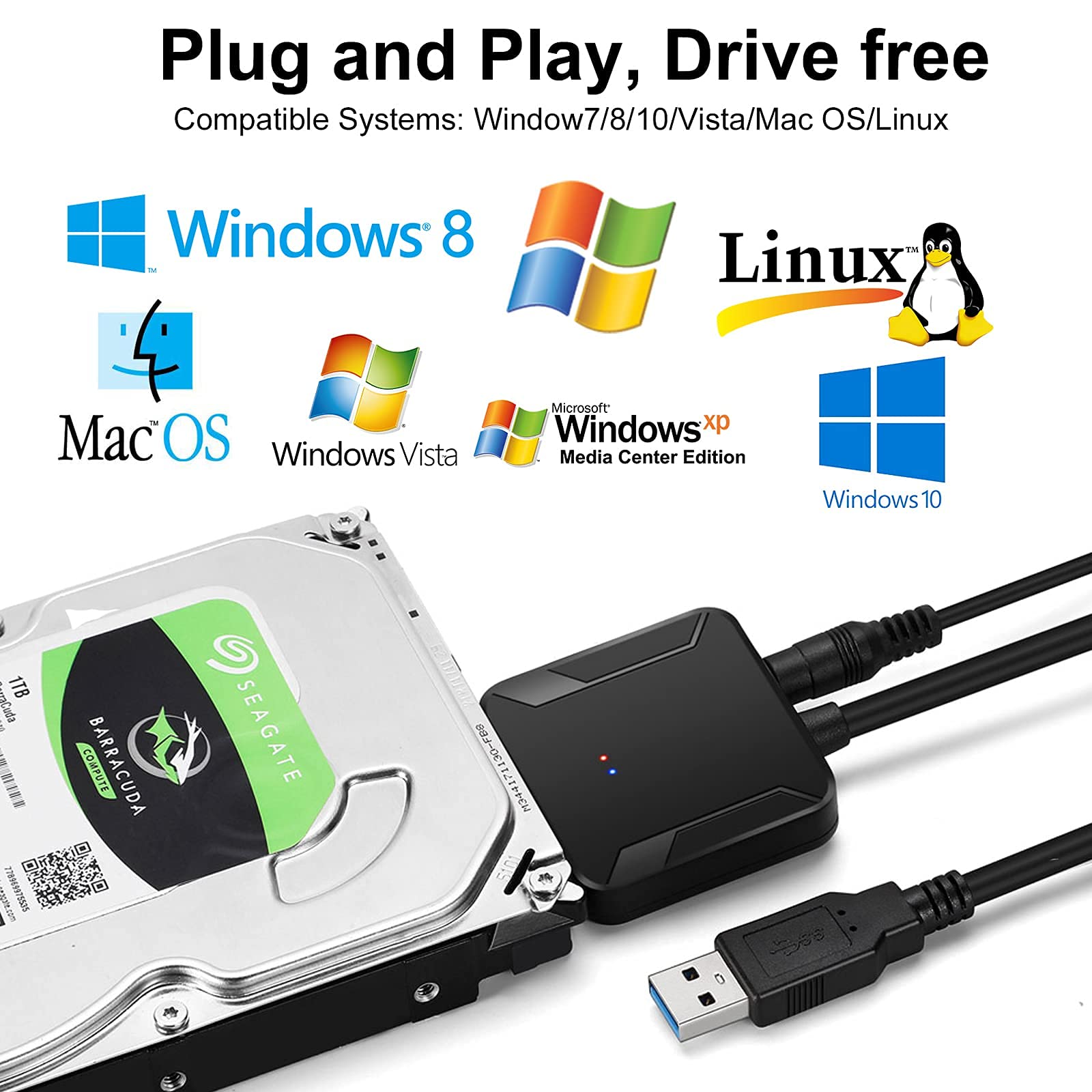 Eyoold Sata To Usb 3.0 Adapter, External Hard Drive Converter Cable For 2.5'' 3.5'' Hdd, Ssd With Power Supply