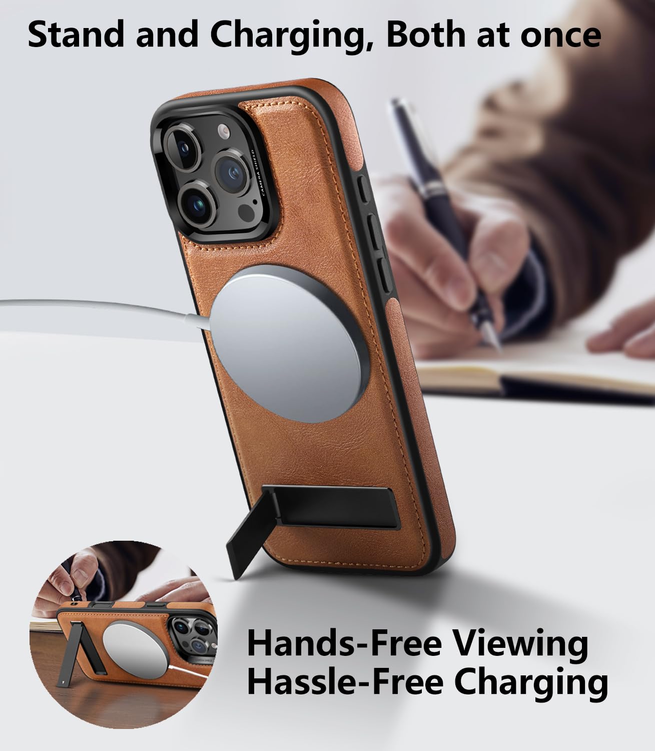 Wtcase Strong Magnetic For Iphone 16 Pro Max Case Leather,[Compatible With Magsafe], Slim Adjustable Kickstand Phone Case For Ip