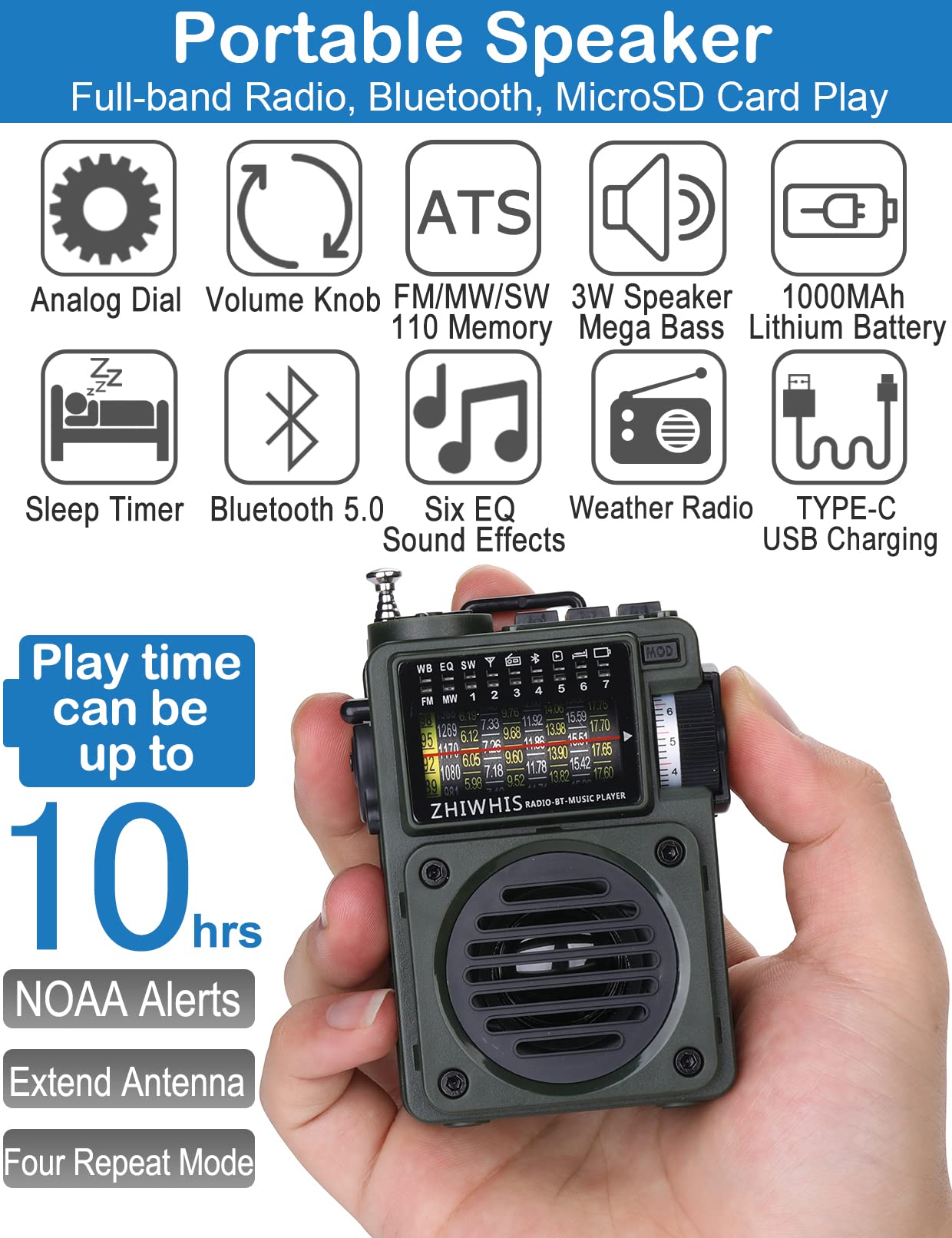 Zhiwhis Shortwave Radio With Bluetooth, Portable Radio With Sleep Timer, Weather Am Fm Shortwave Radios With Best Sound, Retro A