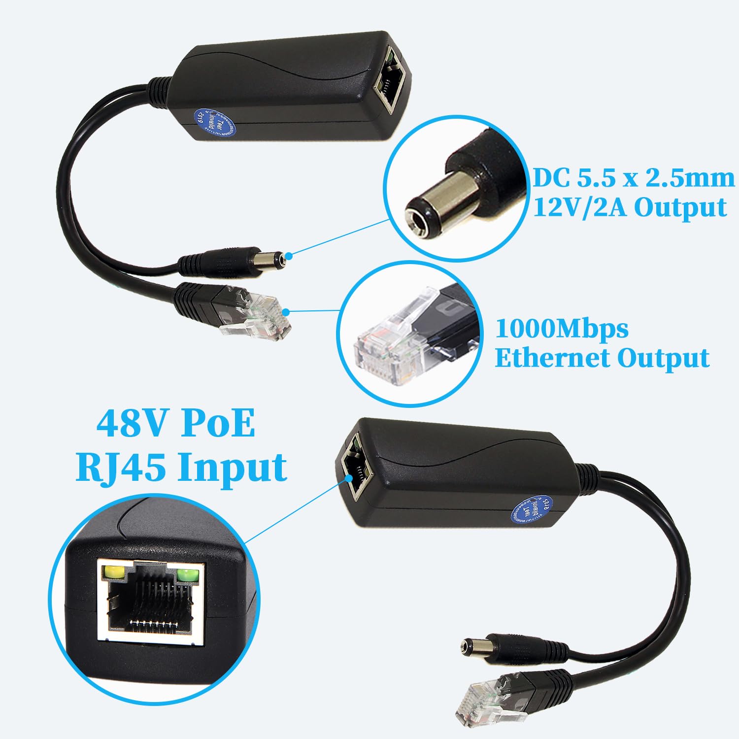 Revodata Poe Splitter Gigabit 12V/2A, Dc 5.5 * 2.5Mm Plug Compatible With Dc 5.5 * 2.1Mm, Poe To Dc 12V/2A Output, Gigabit Ether