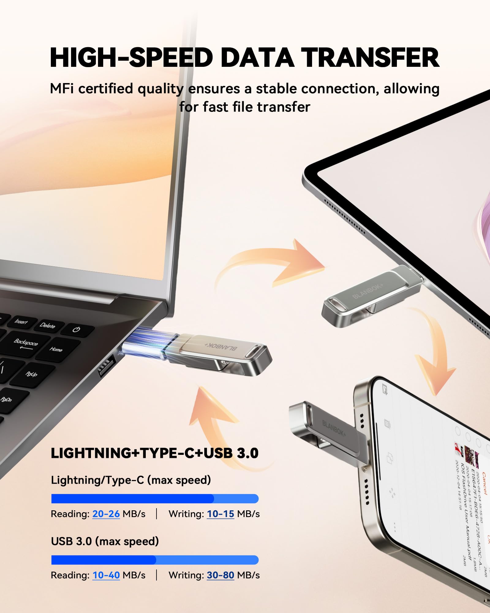 BLANBOK+ MFi Certified 256GB Flash Drive for iPhone, USB Thumb Drive, Silver, High Speed Photo Storage for iPhone/iPad/Android/PC