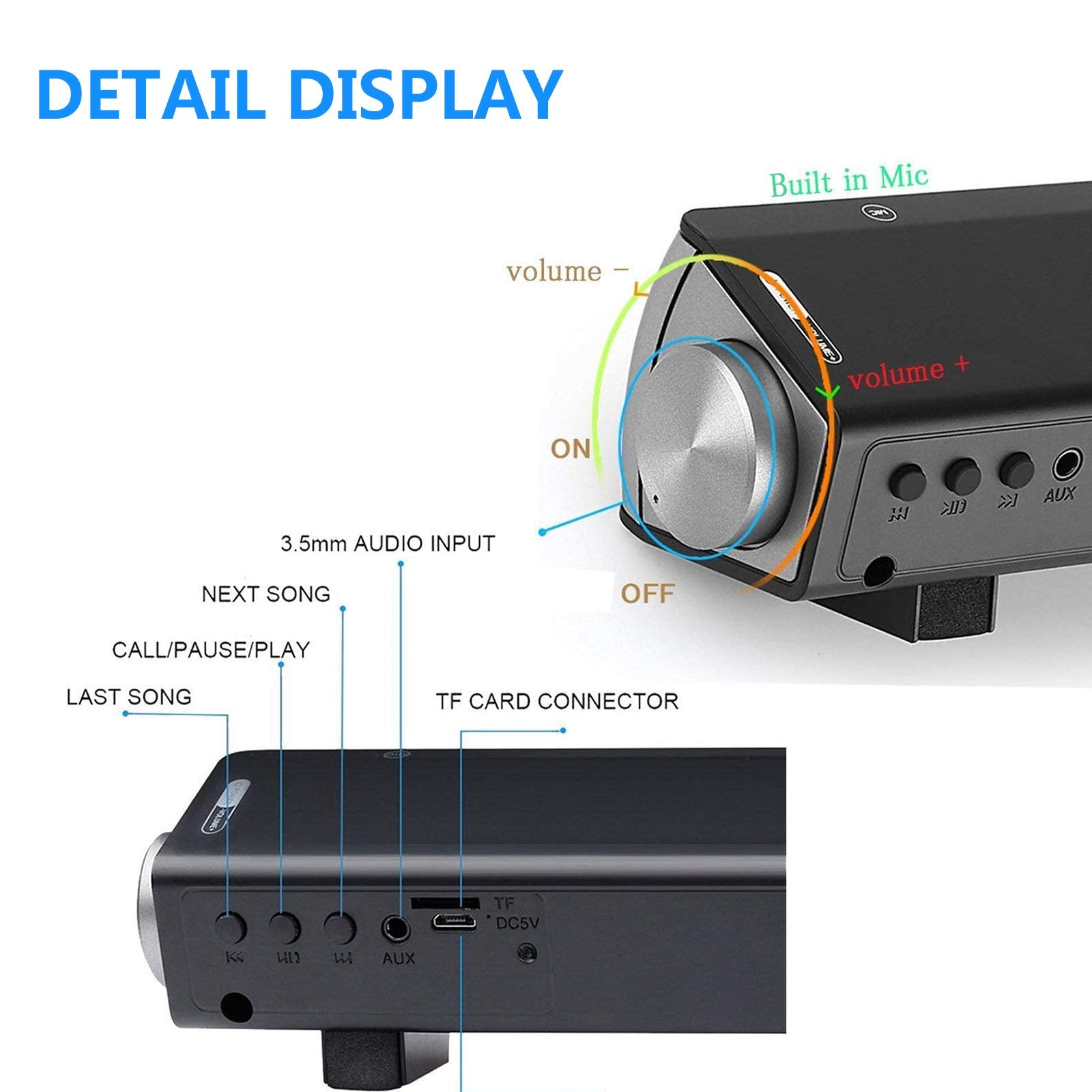 Toproad Sound Bar | Soundbar Wired And Wireless Bluetooth 5.0 Speaker | Built In Mic | For Cell Phone/Tablet/Projector And Suppo