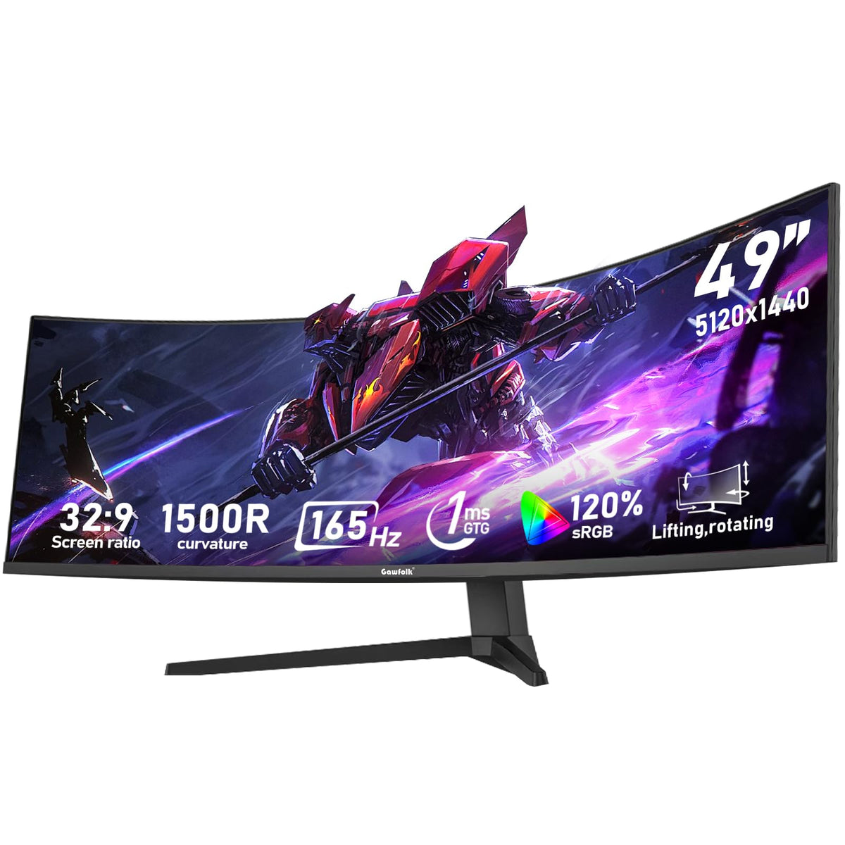 Gaming Computer Monitor Tall Gawfolk 49 inch Ultra-Wide Curved 1500R Gaming Computer Monitor, DQHD ...