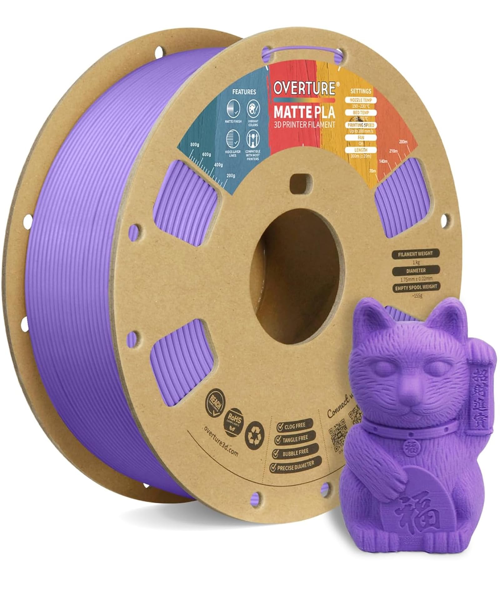 OVERTURE Matte PLA 3D Printer Filament 1.75mm, Matt Surface & Low Warping Filament 1kg Spool (2.2 lbs), Accuracy +/- 0.02 mm, Fi