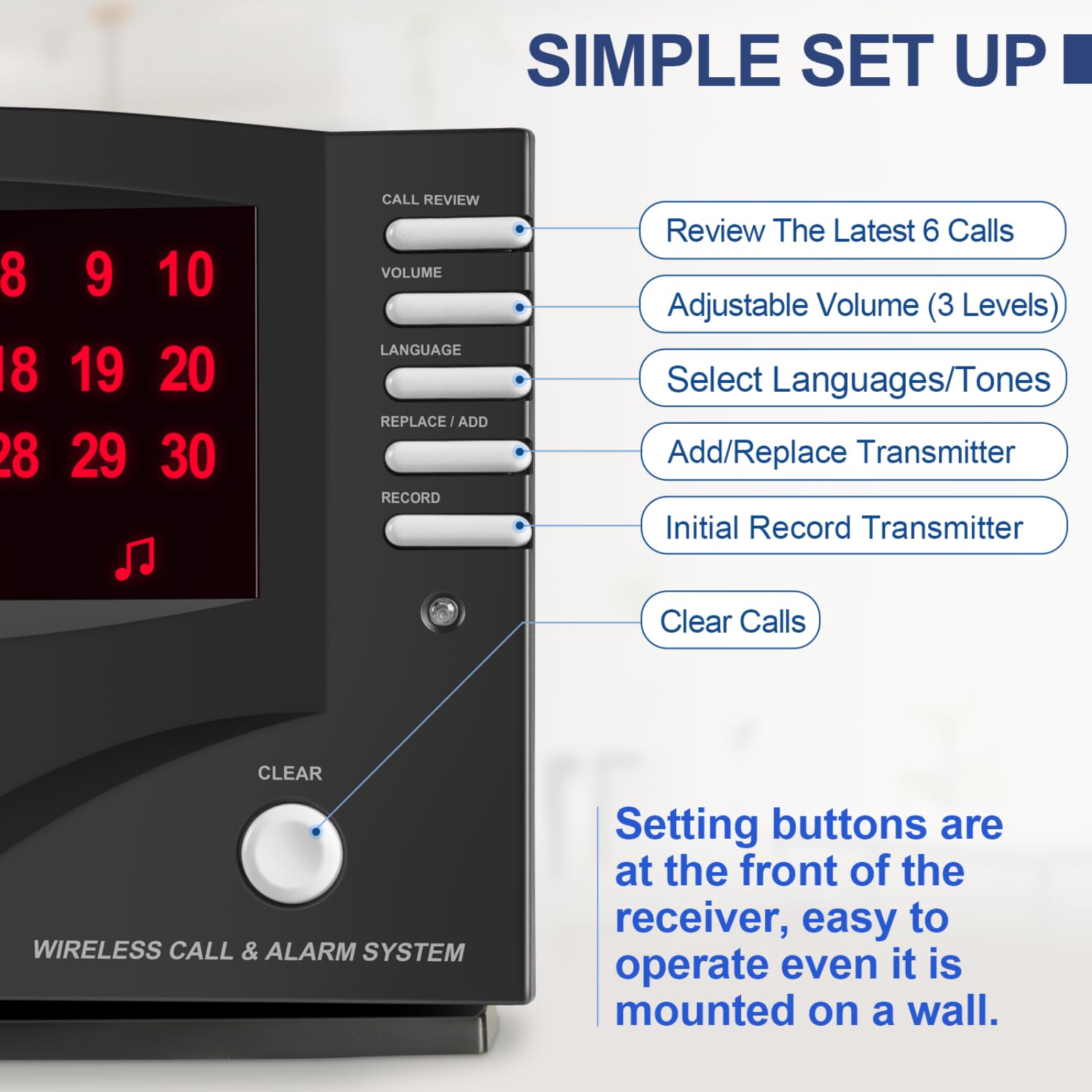 Synlett Wireless Calling System Nurse Call System Caregiver Pager For Restaurant Clinic Nursing Home 7 Languages 8 Alert Tones,