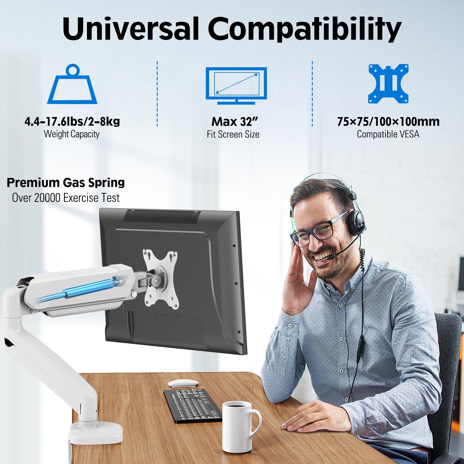 Mountup Single Monitor Desk Mount, Adjustable Gas Spring Monitor Arm, Support Max 32 Inch, 4.4 17.6Lbs Screen, Computer Monitor