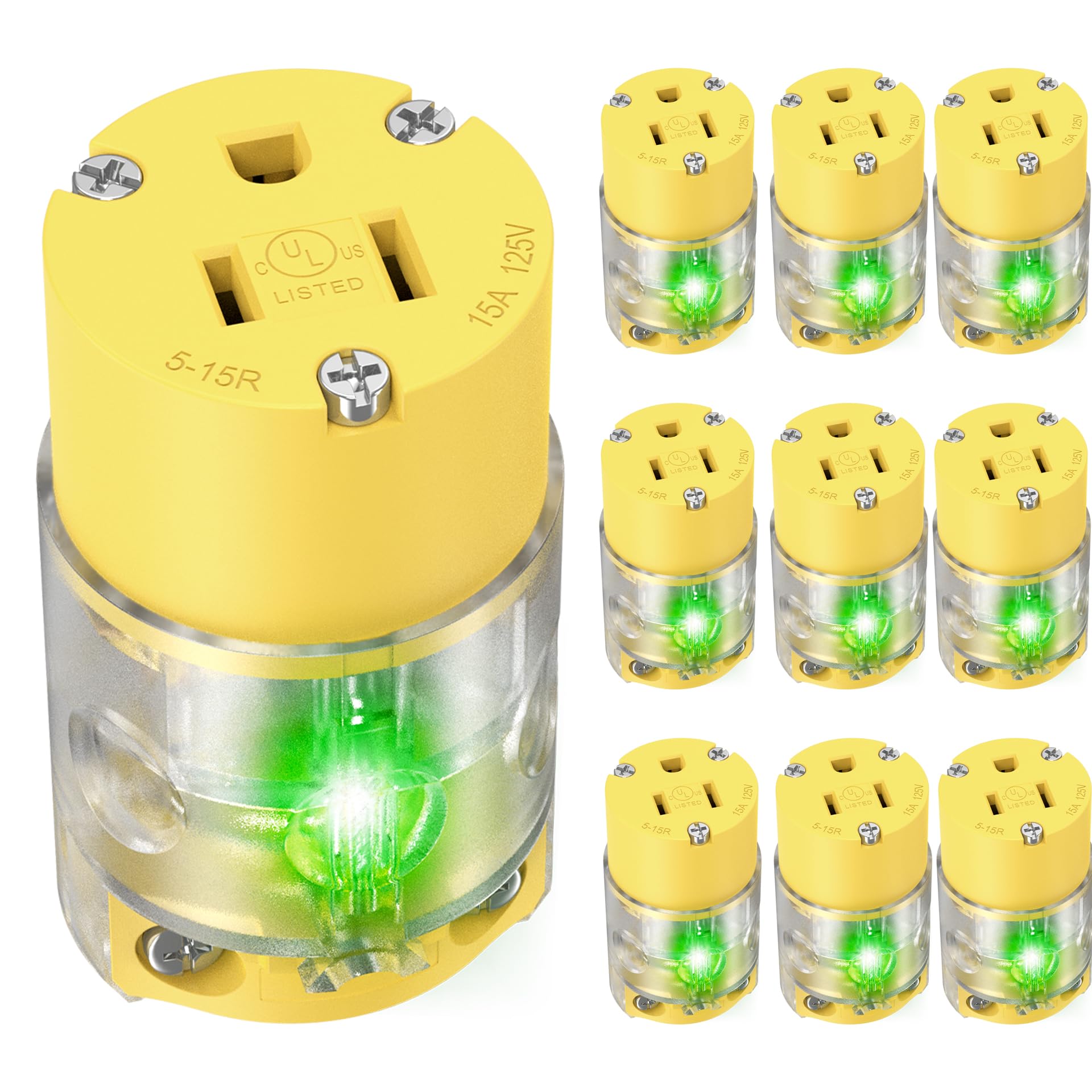 110V Female Plug Receptacle Illuminated Electrical Outlet Drop Cord Extension Cord Replacement Ends With Green Neon Light Nema 5