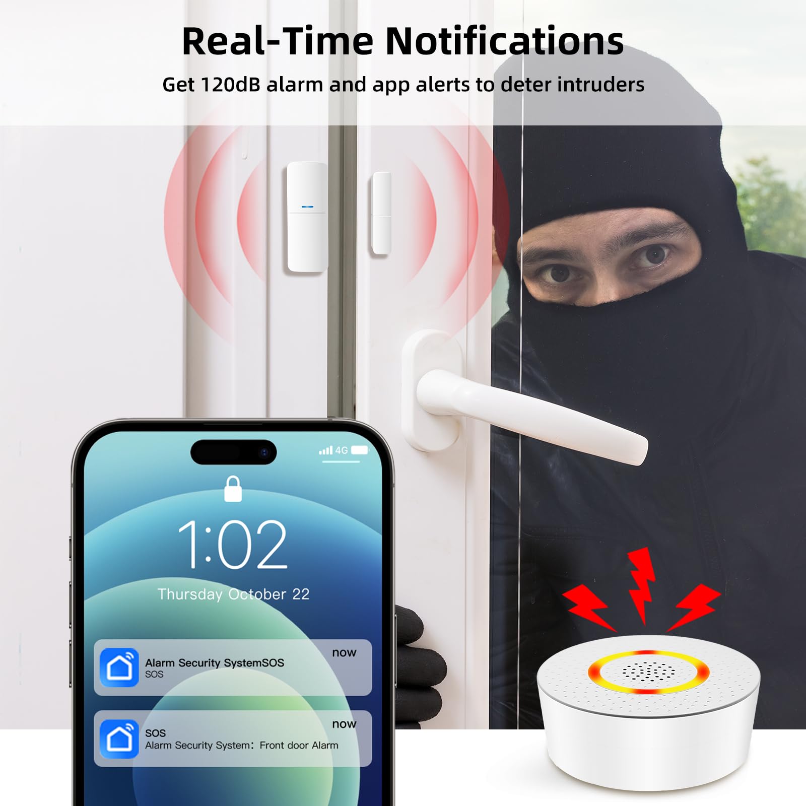 Grsico Wireless Home Alarm System 15 Piece Kit, Wifi Alarm System For Home Security With Phone App Alert (Alarm Siren, Keypad, R