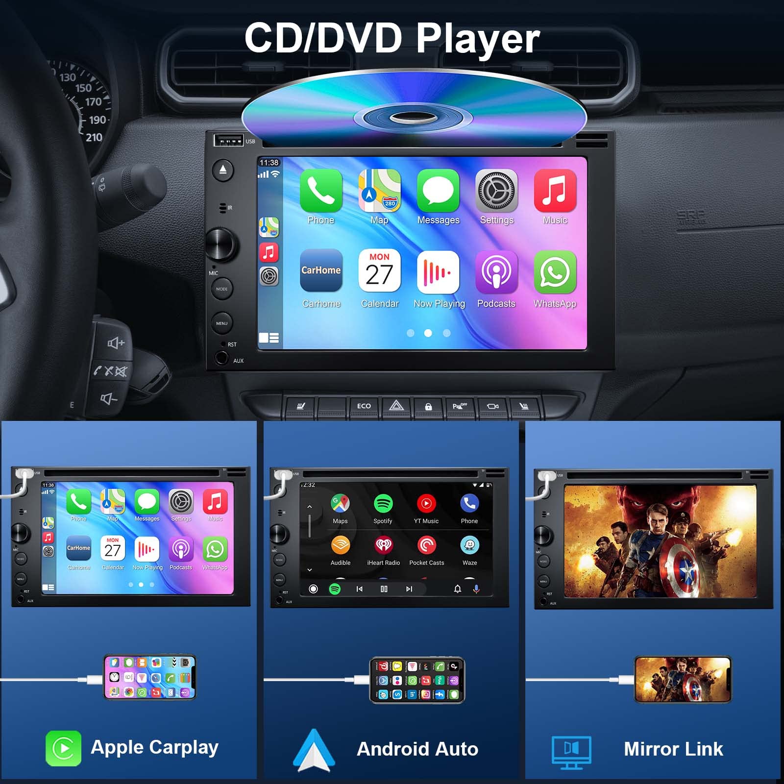 Double Din Car Stereo With Cd/Dvd Player, 7 Inch Touch Screen Car Stereo With Apple Carplay&Android Auto, Bluetooth5.2, Backup C