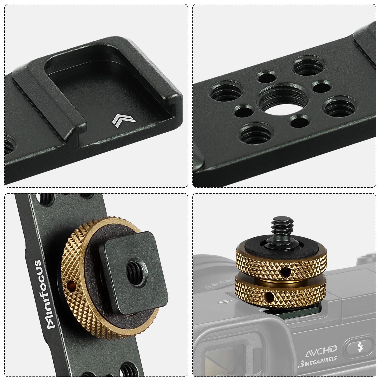 Minifocus Triple Cold Shoe Extension Bar Mount, Aluminum Alloy Hot Shoe Mount Bracket With 1/4 Thread Holes For Dslr Camera Micr