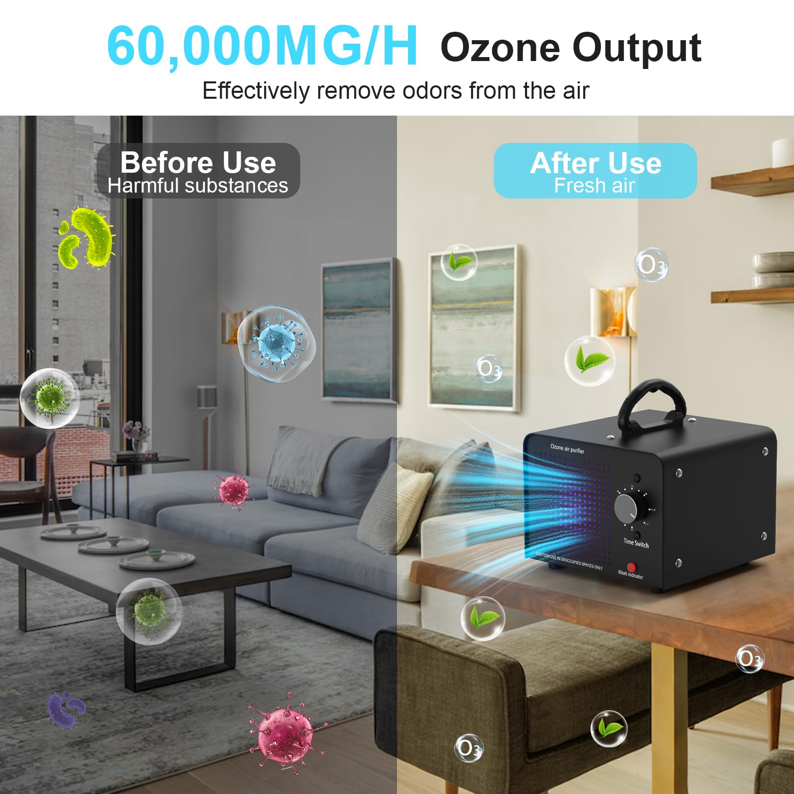 Prograce Ozone Machine Odor Removal   Ozone Generator 60,000Mg/H Ozone Odor Eliminator 0Zone Machine For Car,Home,Smoke,Pet Room
