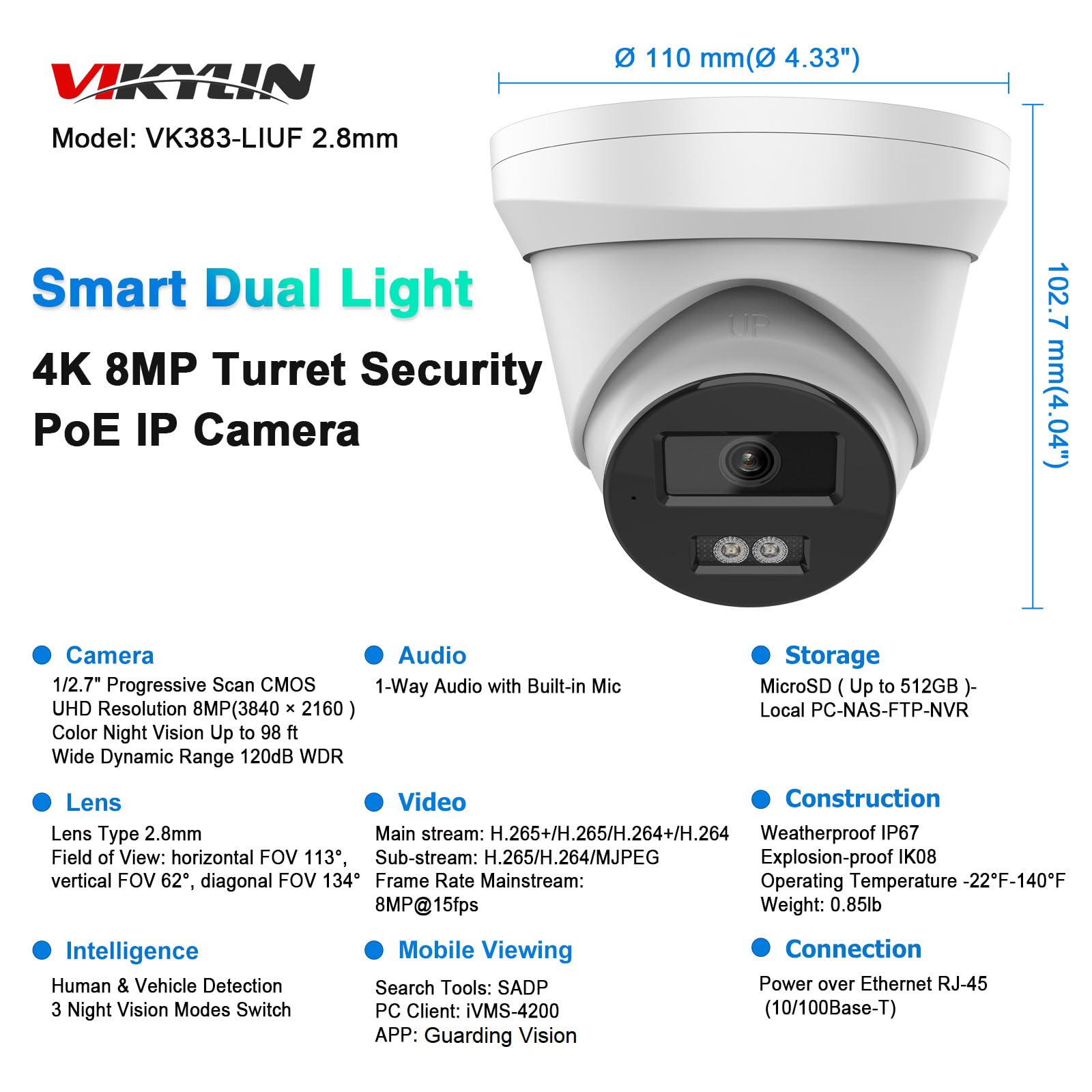 Vikylin 4K Poe 8Mp Ip Camera With Audio/Mic, Smart Dual Light Full Color Night Vision 98Ft, Ai Human/Vehicle Detection, On Vif,