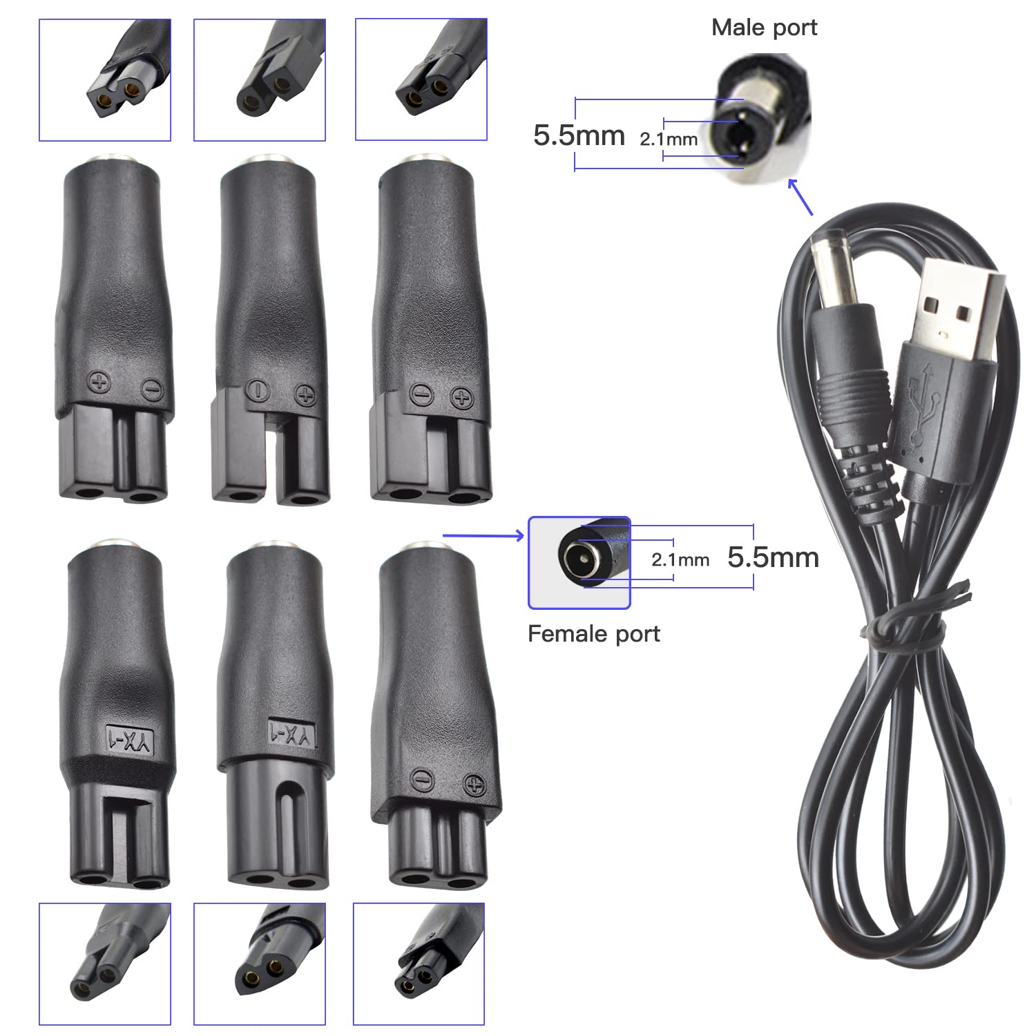 7 Pcs Power Cord 5V Replacement Charger Usb Adapter Suitable For Electric Hair Clippers, Beard Trimmers, Shavers, Beauty Instrum