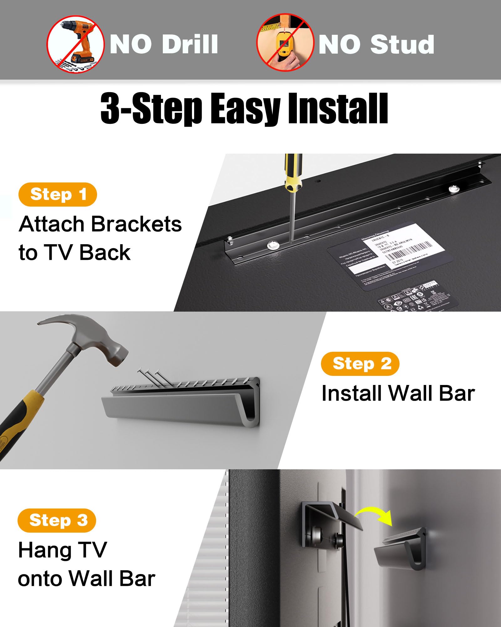 HYPIGO No Stud Drywall TV Mount - Fits 32-75 Inch TVs, Max VESA 600x400mm, Black, Easy Installation, Supports Up to 150 lbs, Model