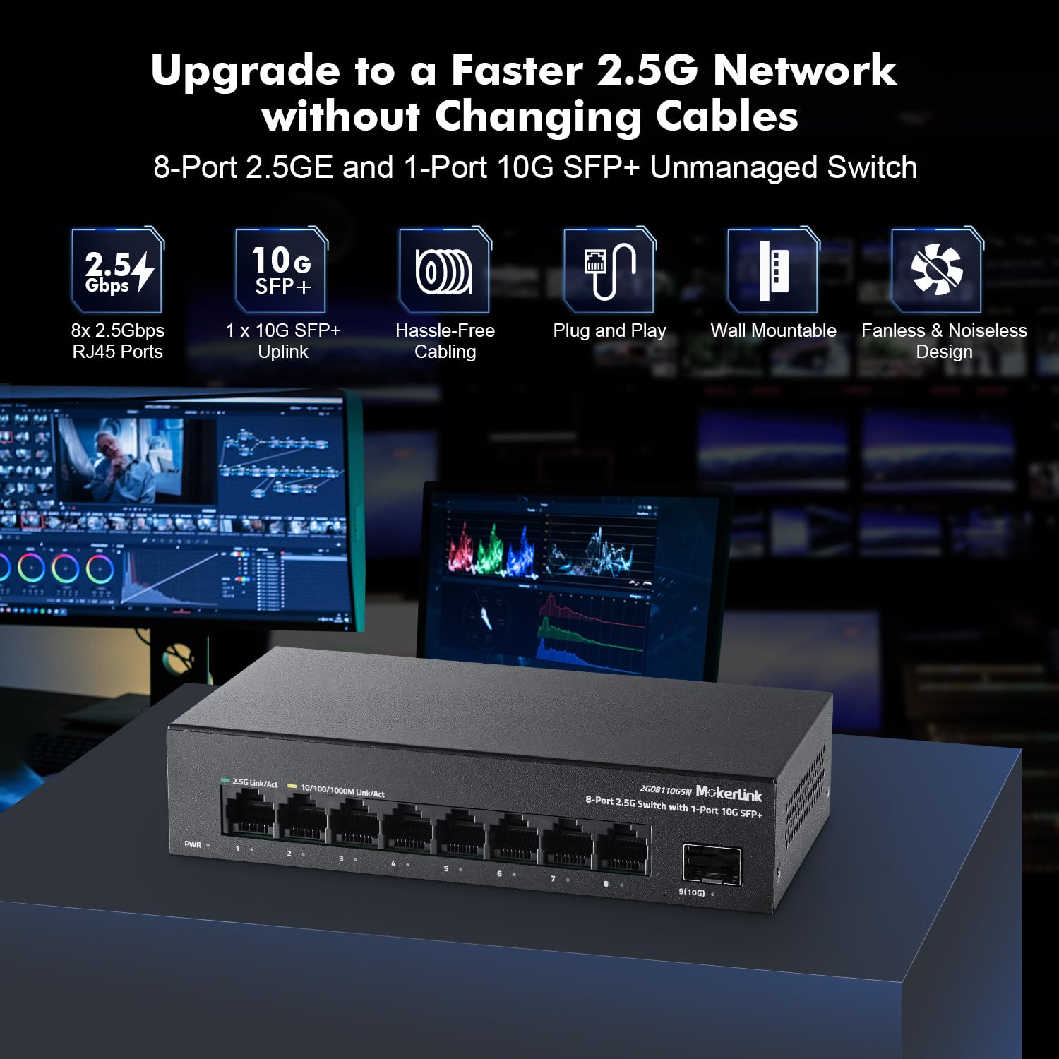 Mokerlink 8 Port 2.5G Ethernet Switch With 10G Sfp+ Slot, 8X2.5G Base T Ports Compatible With 100/1000Mbps, Mini Size, Metal Unm