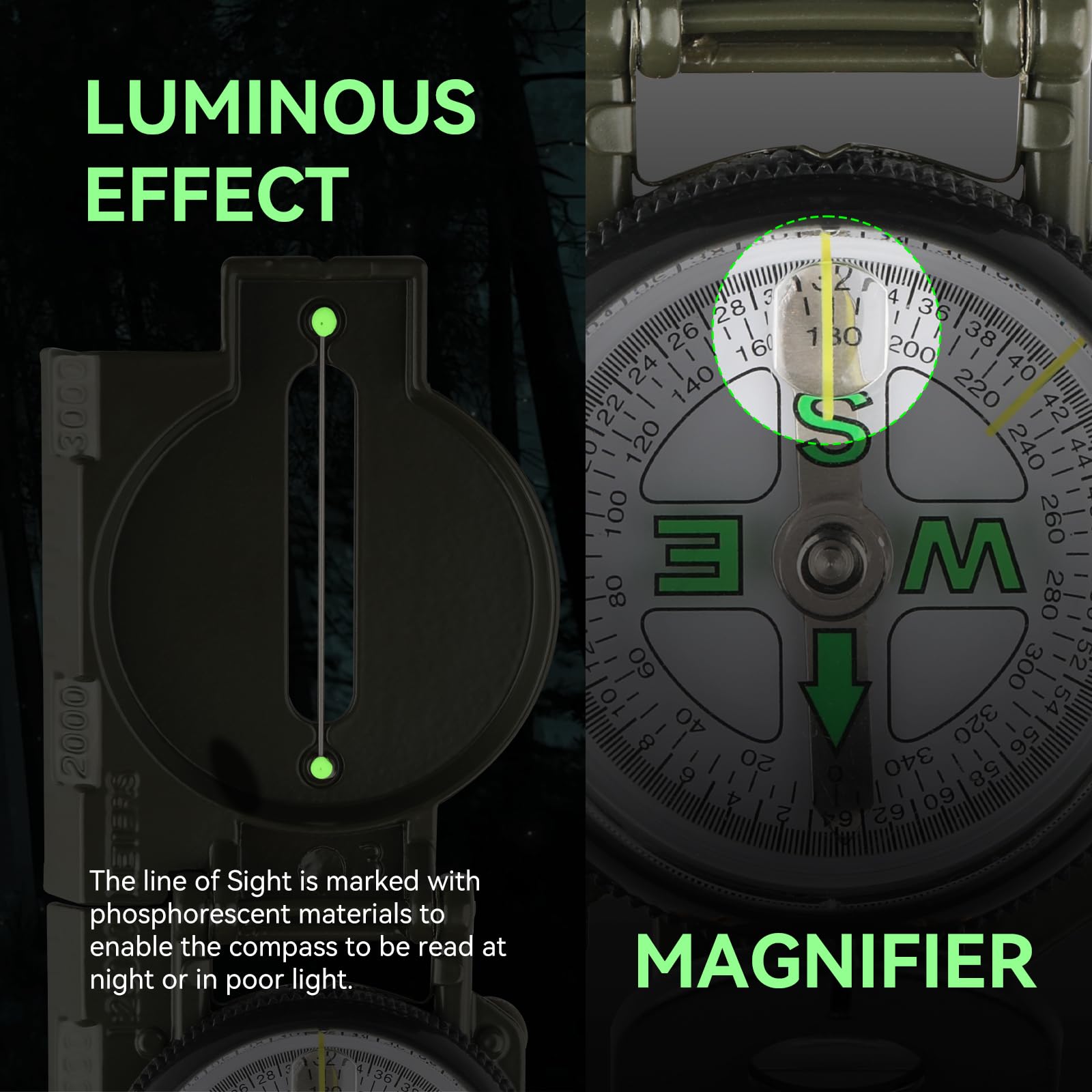 Military Compass, With Sighting Lines, Impact Resistant & Waterproof Compass For Outdoor, Hiking, Hunting, Backpacking Camping,T
