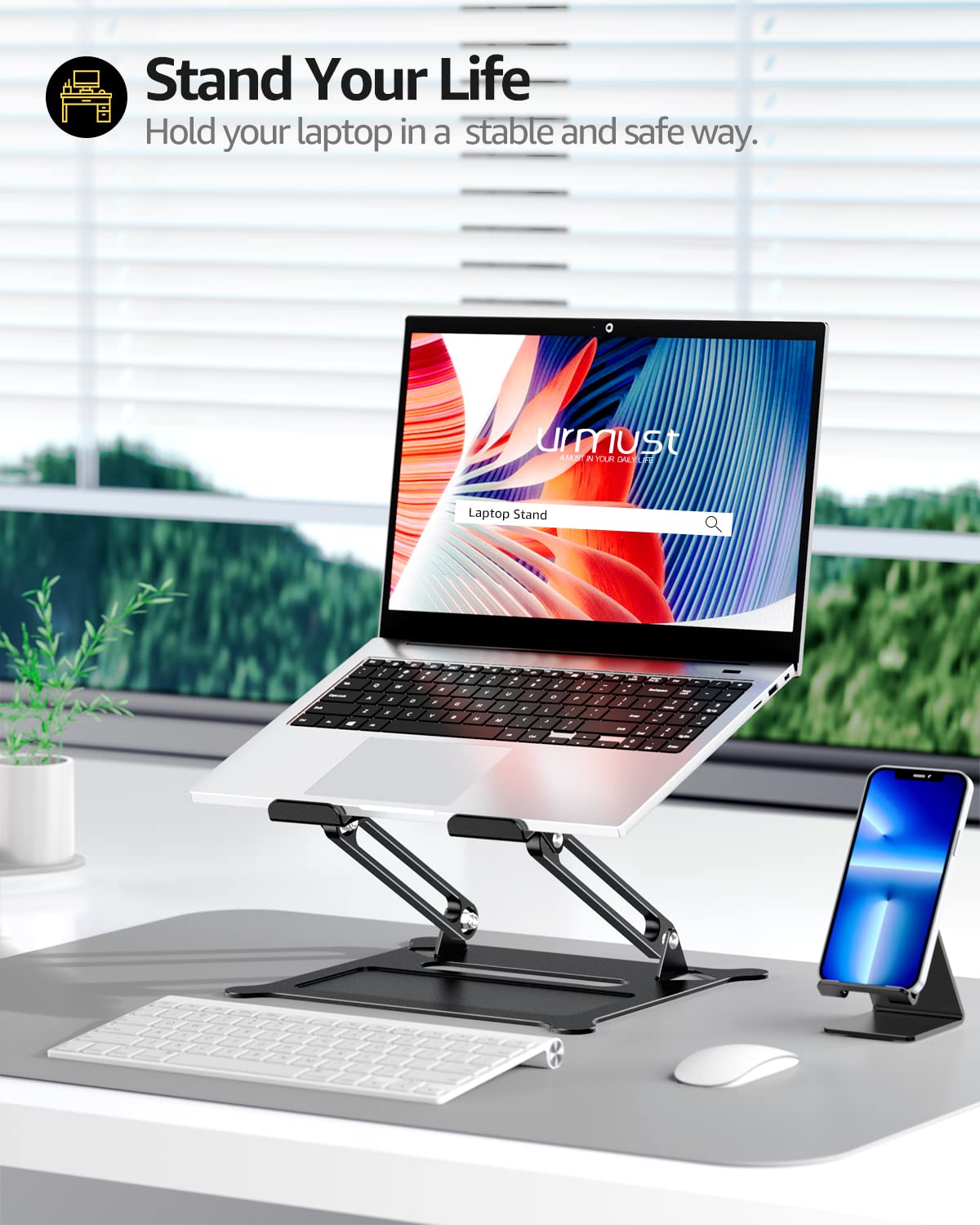 Urmust Laptop Notebook Stand Holder Adjustable Laptop Stand Portable Laptop Riser Compatible With Macbook Air Pro Hp Dell Xps Lenovo All Laptops 10 15.6'(Black)
