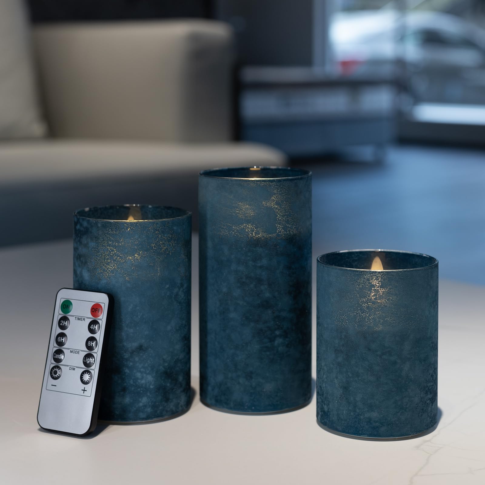 Angelloong Blue Flameless Candles With Remote, Flickering Led Candles With Timer, Electric Pillar Candles For Bathroom Kitchen R