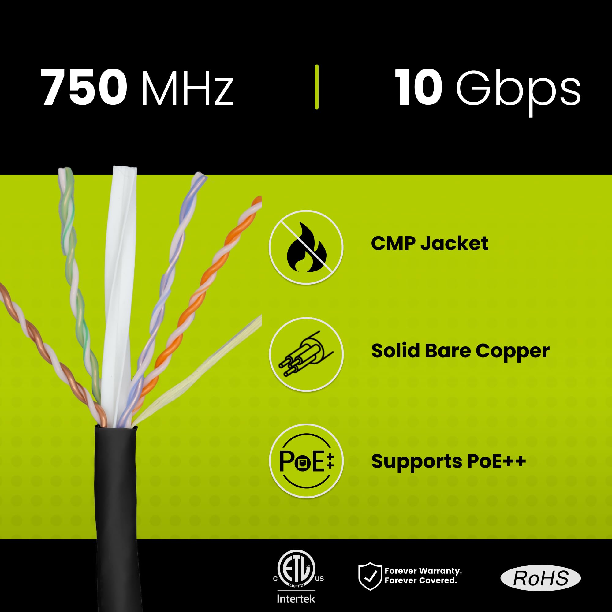 Truecable Cat6A Plenum (Cmp), 1000Ft, Black, 23Awg 4 Pair Solid Bare Copper, 750Mhz, Poe++ (4Ppoe), Etl Listed, Unshielded Twisted Pair (Utp), Bulk Ethernet Cable