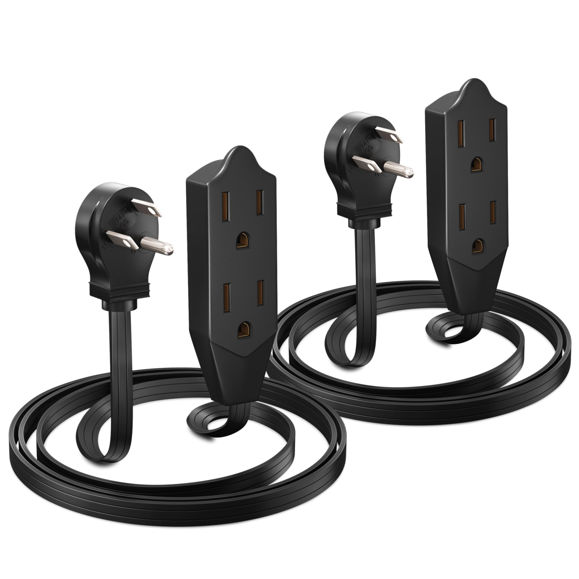 Maximm Cable 3 Feet Flat Plug Extension Cord/Wire, Multi Outlet   3 Prong Angled Plug Extension Cord   Black Ul Certified (2 Pac
