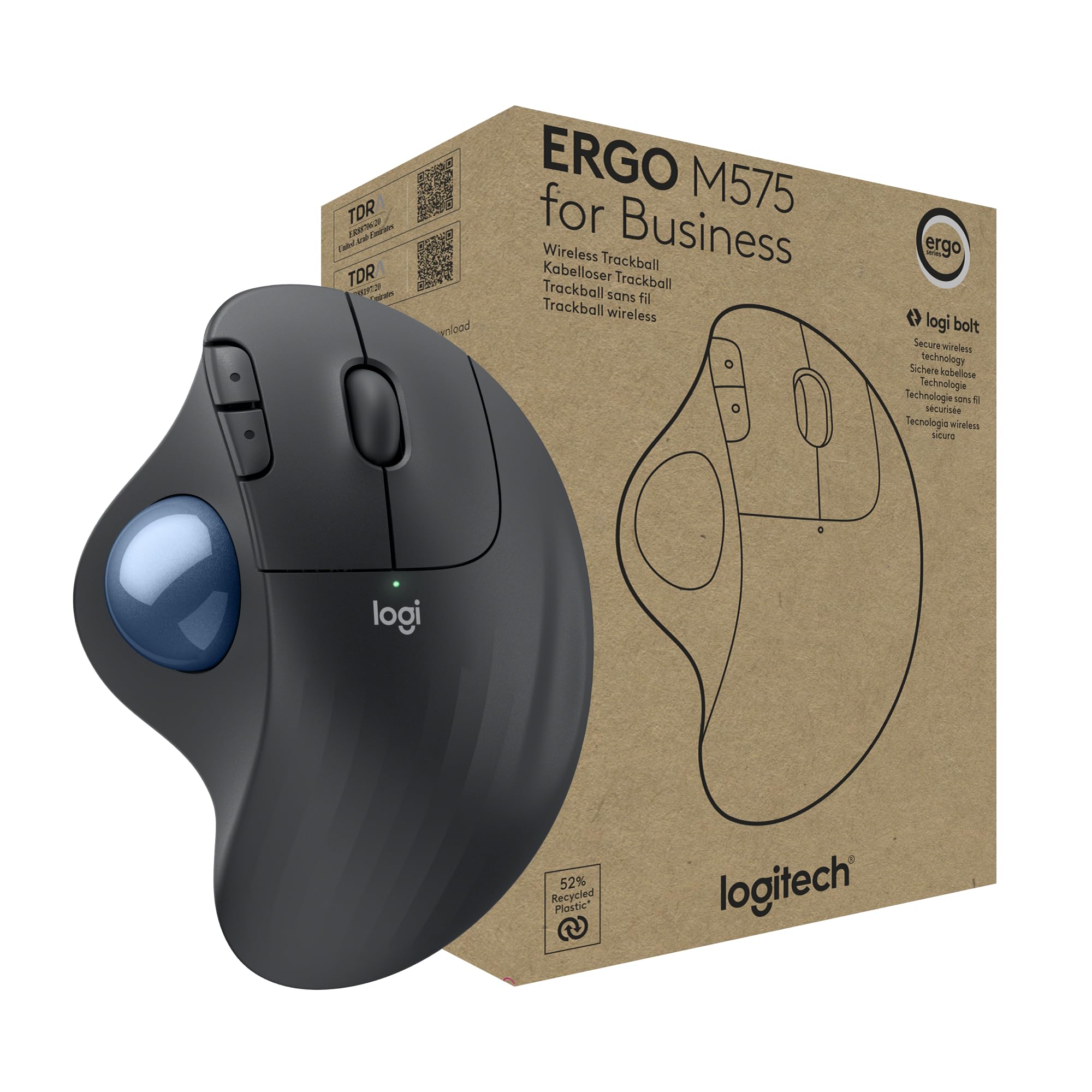 Logitech Ergo M575 Wireless Trackball for Business - Easy Thumb Control, Ergonomic Design, Secured Logi Bolt, Bluetooth, Globall