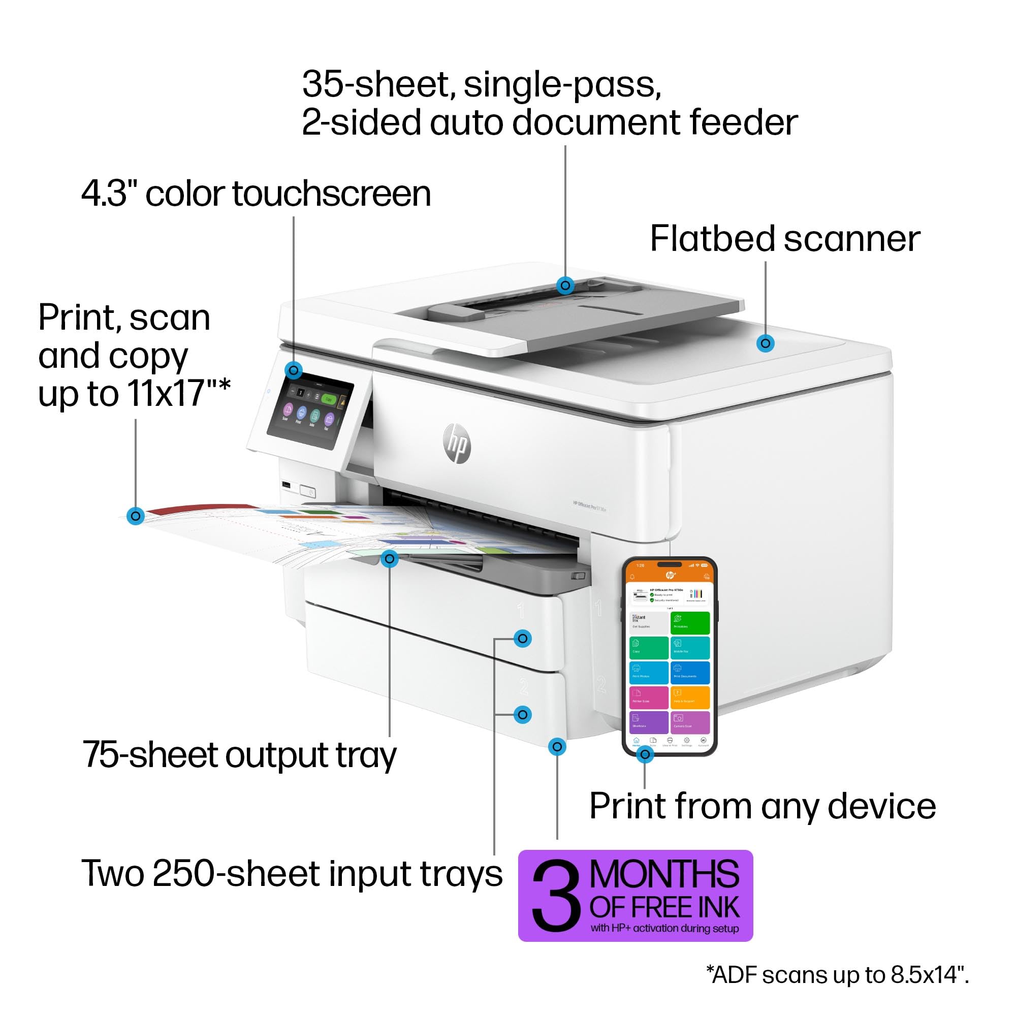 Hp Officejet Pro 9730E Wide Format Wireless All In One Color Inkjet Printer, Print, Scan, Copy Up To 11X17', Adf, Duplex Printin
