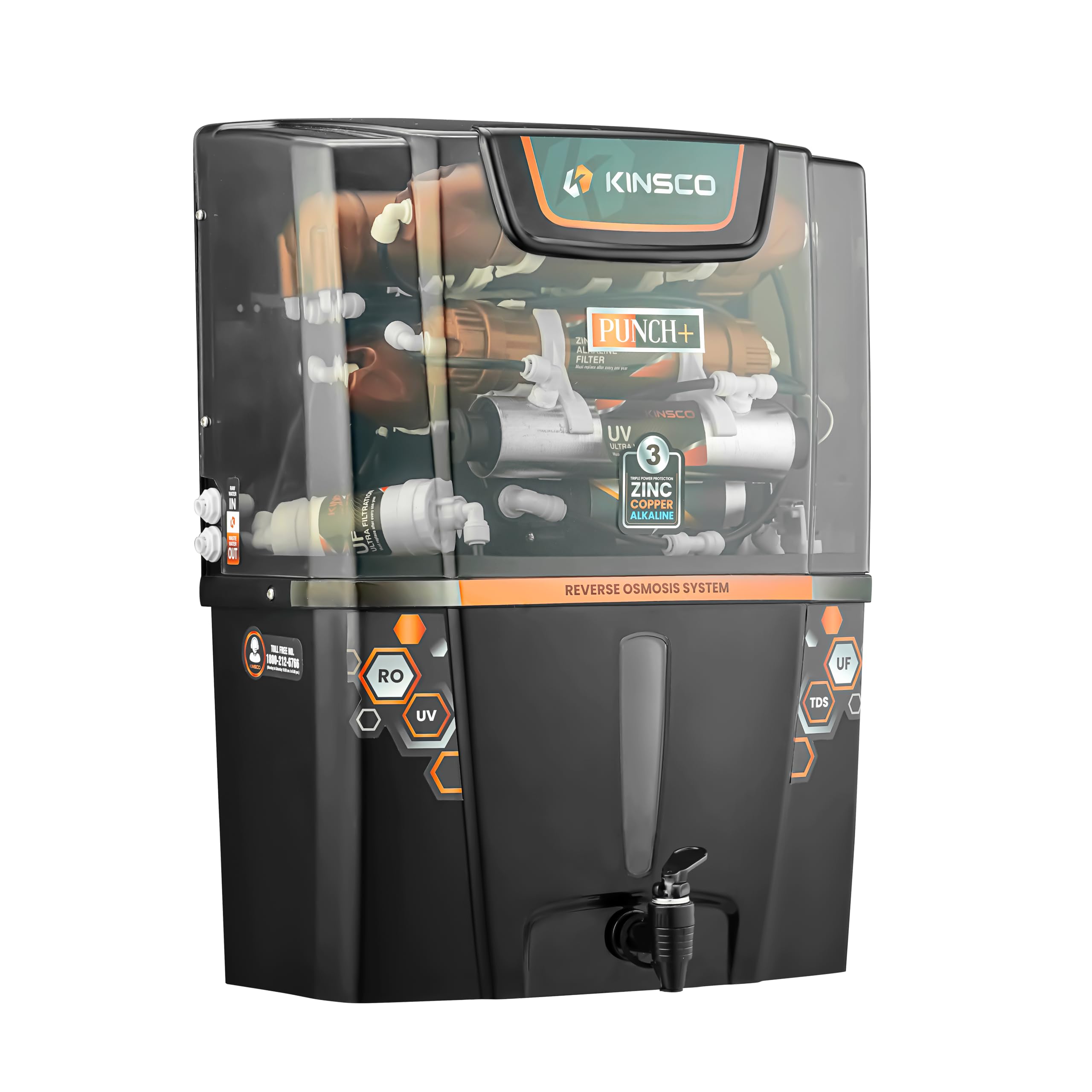 Kinsco Aqua Punch+ Zinc Copper And Alkaline 15Liter Ro + Uv + Uf Water Purifier(Black) With Copper Guard,Ph Enhancer,And PreFil